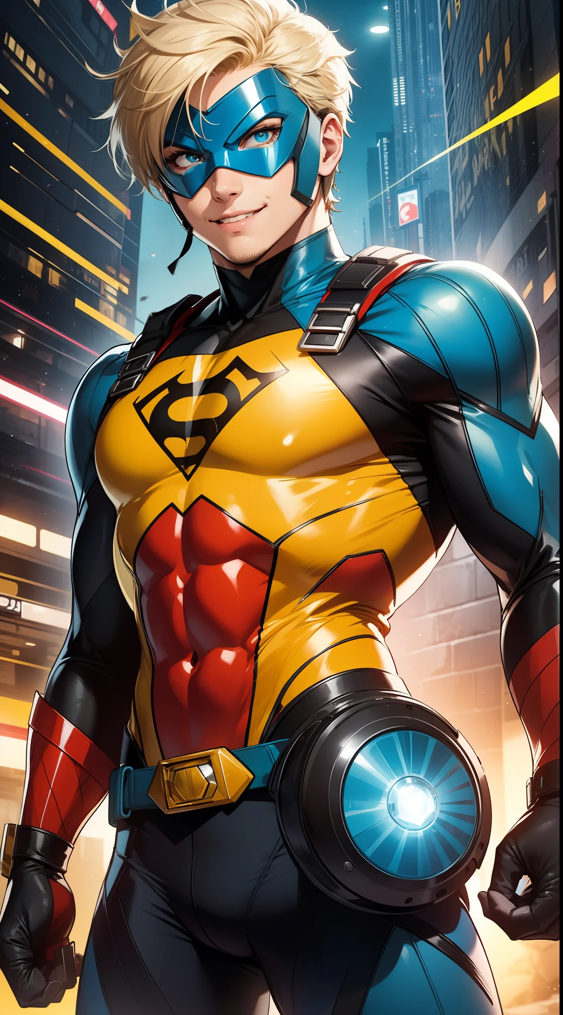 Young guy, short blonde hair, cyan eyes, yellow blue superhero costume, superhero mask, smile, laser, masterpiece, high quality