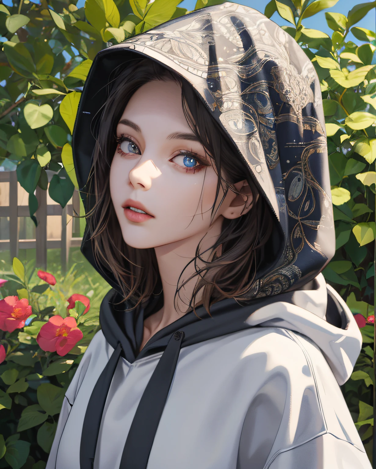(Absurd, High Resolution, Super Detailed), 1girl, Mature Woman, In the Garden, Intricate Details, Magnified Textures, Intricate Details, Fine Eyes and Detailed Faces, Intricate Details, (Shut Up), (Perfect Eyes, Equal Eyes), ((Hooded Sweatshirt)), Ultra-realistic, Realistic Photos, Very Detailed 3D