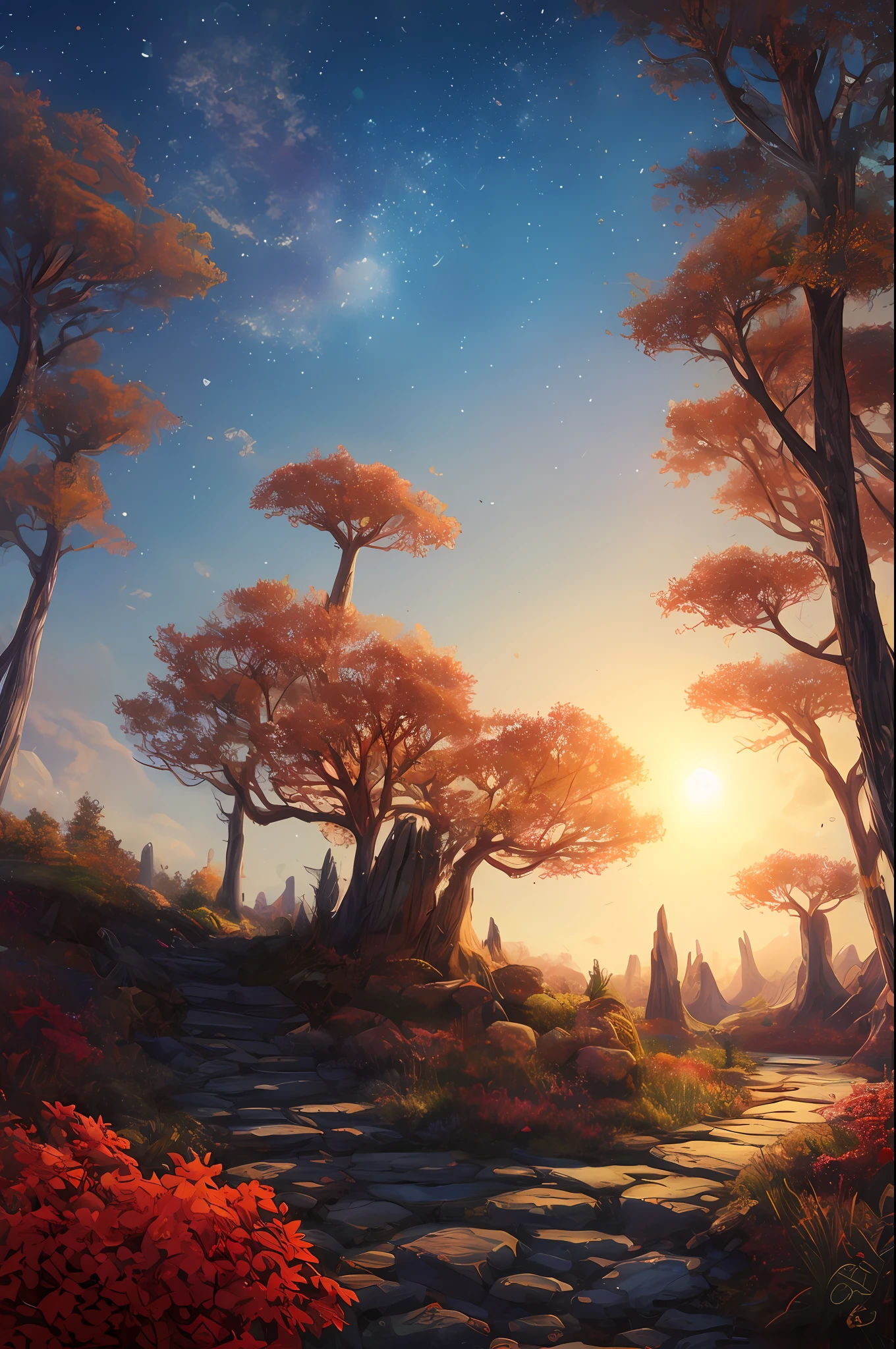 Masterpiece, best quality, high quality, extremely detailed CG unity 8k wallpaper, sunset, enchanting dream scenes of dream forest, towering trees, glowing mushrooms and hidden fairy canyon, creating a mysterious and captivating feeling, artstation, digital illustration, complex, trending, pastel colors, oil painting, award winning photography, bokeh, depth of field, HDR, bloom, chromatic aberration, realism, very detailed, artstation trend, CGsociety trend, complex, High detail, dramatic, midjourney art