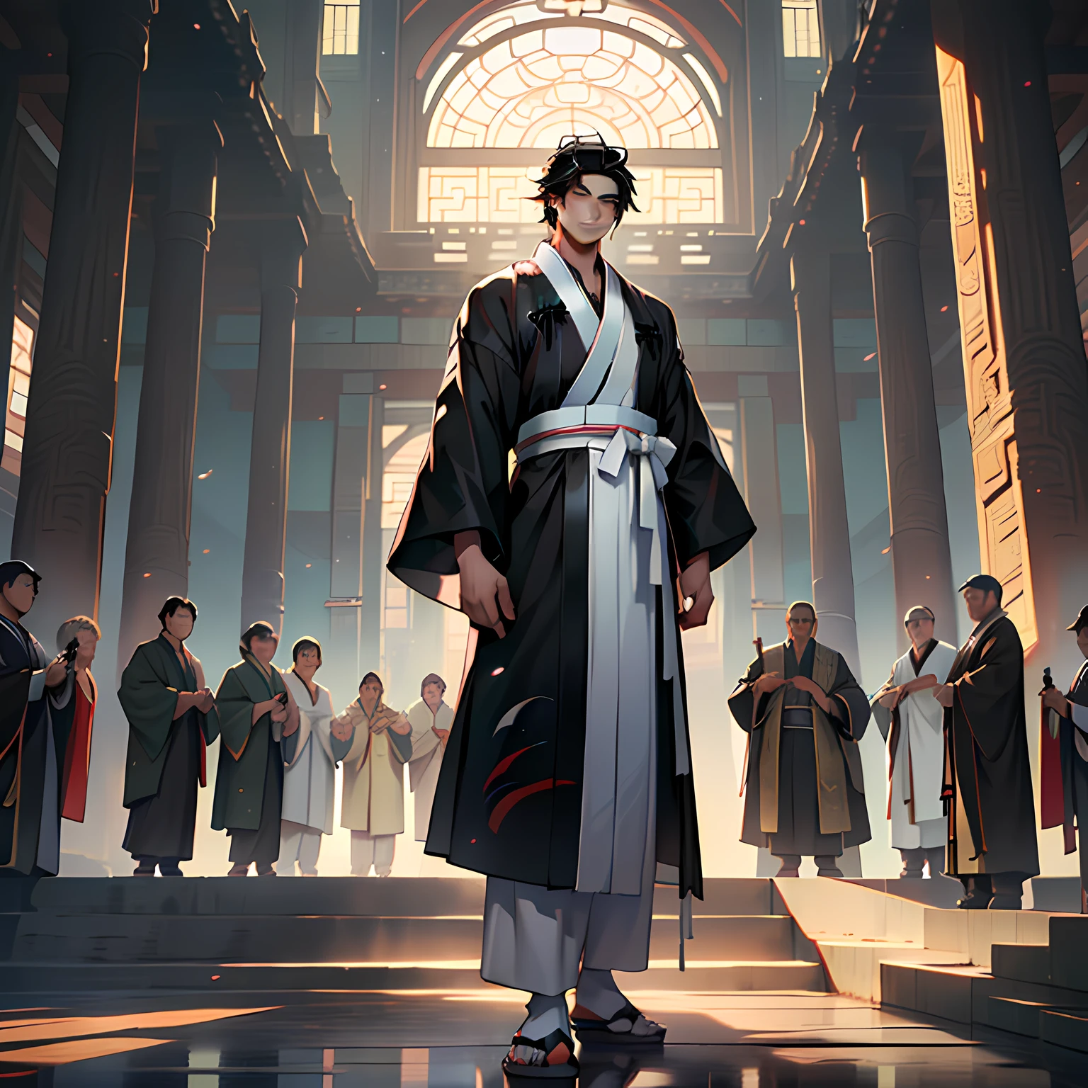 34. (1 person) ((((1boy))),(((aboy))).(((Black coat))),((Black Hanfu youth)),((white clothes)) , (((Black hair))), kingly air, gorgeous, handsome, outstanding temperamen, stands in the air, and many people worship below) (in the mountains, there are many palaces).