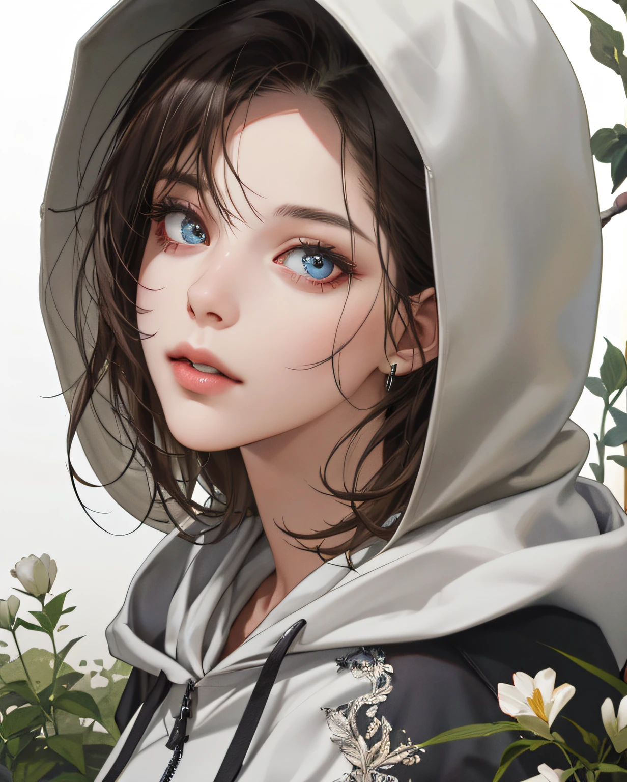 (Absurd, High Resolution, Super Detailed), 1girl, Mature Woman, In the Garden, Intricate Details, Magnified Textures, Intricate Details, Fine Eyes and Detailed Faces, Intricate Details, (Shut Up), (Perfect Eyes, Equal Eyes), ((Hooded Sweatshirt)), Ultra-realistic, Realistic Photos, Very Detailed 3D