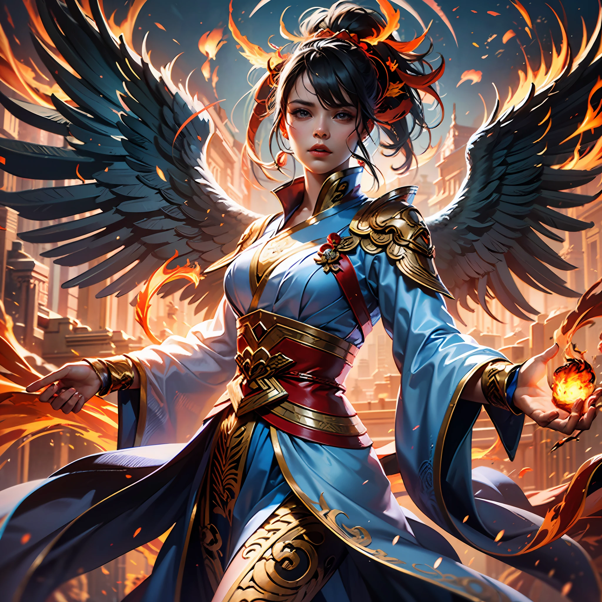 A flame mage is dressed in fiery red (Chinese Han costume) with intricate runes and ornaments embroidered on his robe, exuding a scorching aura. He was tall and powerful, his hands were raised, and powerful flame spells were being released. His eyes were firm and sharp, a flash of fire flashed in his eyes, behind the flame mage, (A huge flame phoenix spreads its wings and flies: 1.2), (the phoenix's feathers burn with roaring flames), emitting dazzling light, its body is surrounded by flames, the flame feathers dance, forming a spectacular flame six-pointed star array pattern, full of mysterious magic, the whole scene is full of fiery breath and the passion of battle, a large area of flame spells bloom in the air, forming a brilliant flame arc and a flying spark, (Flame Mage and Phoenix), in the raging fire looks majestic and mysterious, like the embodiment of fire and magic, red hair, high detail, surrealism, realism, (real photo: 1.4) , (chiaroscuro), cinematic lighting, realistic special effects, C4D rendering, octane rendering, ray tracing, panorama, POV, textured skin, super detail, UHD, masterpiece, anatomically correct, best quality, high resolution, 8k