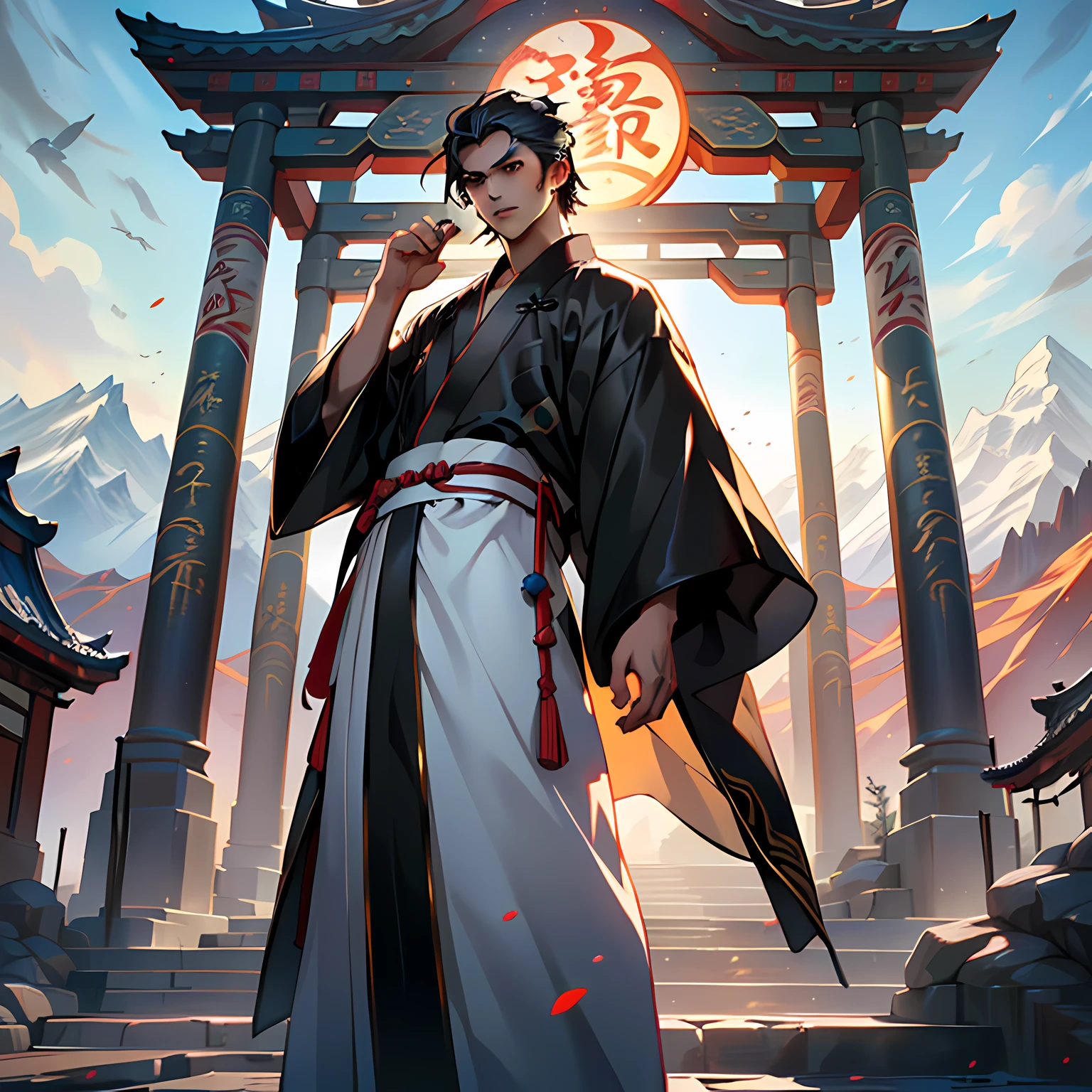 34. (1 person) ((((1boy))),(((aboy))).(((Black coat))),((Black Hanfu youth)),((white clothes)) , (((Black hair))), kingly air, gorgeous, handsome, outstanding temperamen, stands in the air, and many people worship below) (in the mountains, there are many palaces).