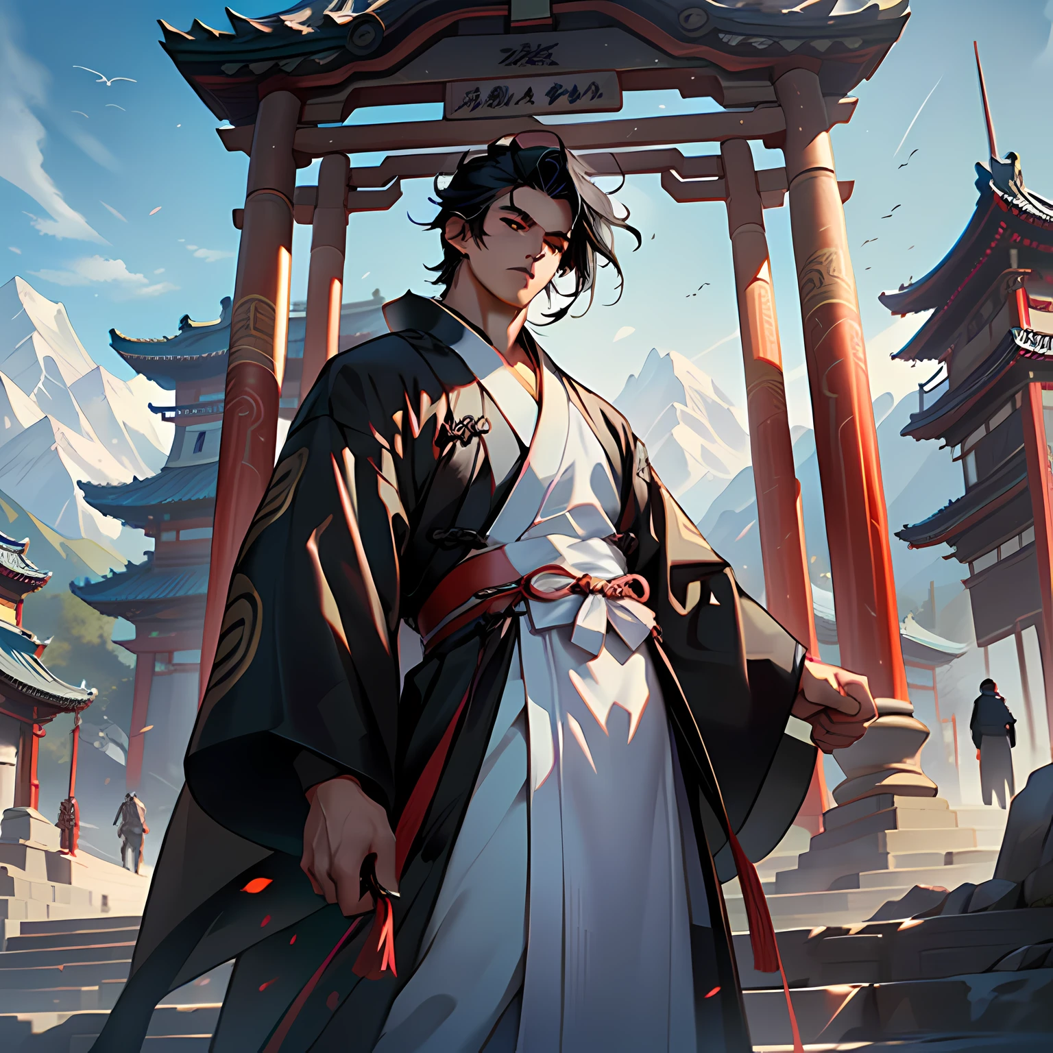 34. (1 person) ((((1boy))),(((aboy))).(((Black coat))),((Black Hanfu youth)),((white clothes)) , (((Black hair))), kingly air, gorgeous, handsome, outstanding temperamen, stands in the air, and many people worship below) (in the mountains, there are many palaces).