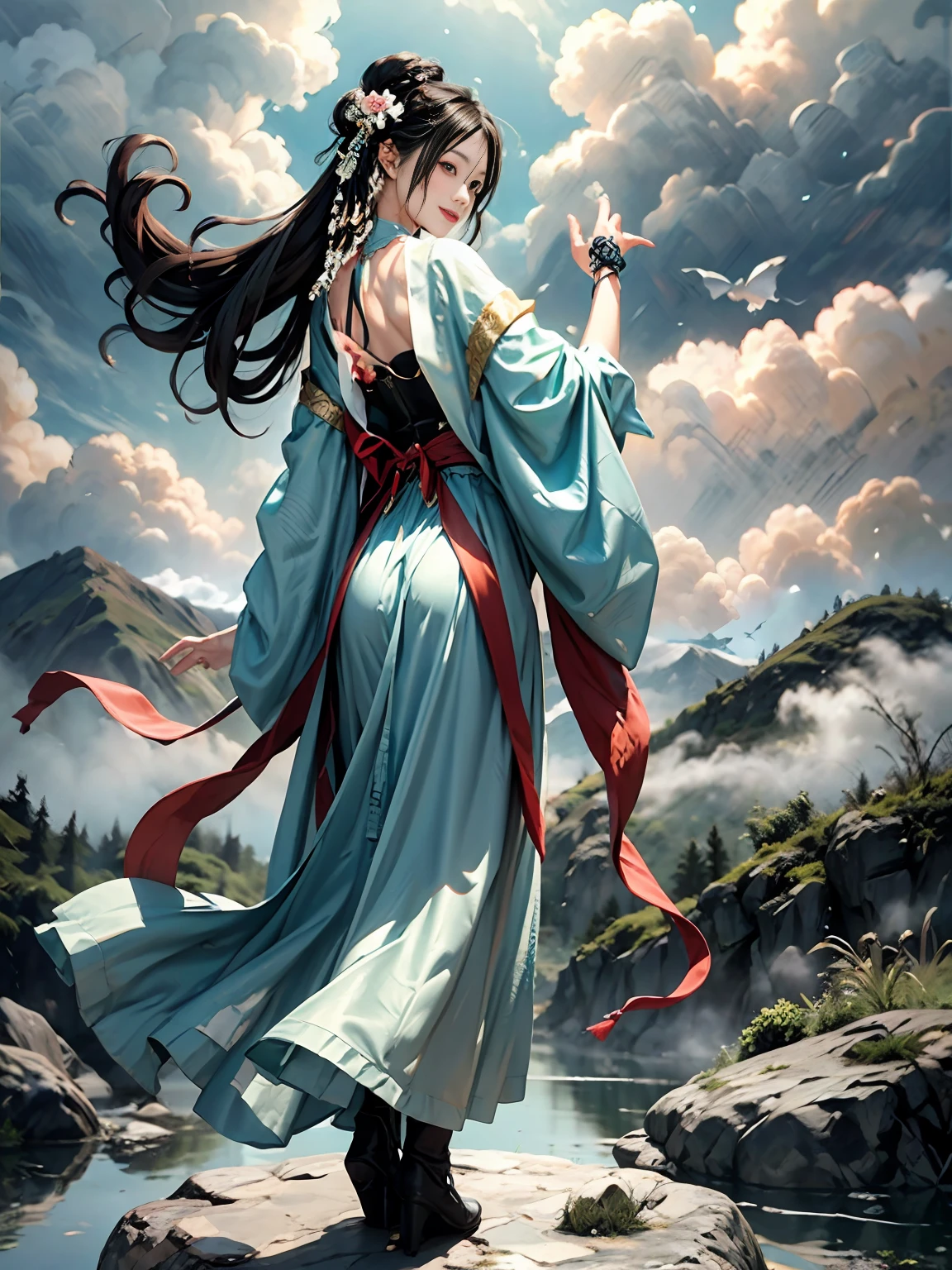 Masterpiece, top quality, ancient
Art,Official Art,Aesthetics,
1girl, (Full body: 1.2),Solo, Hanfu, Dynamic posture,Sheer cloth,(Hana-hana:1.2),Jewelry,Japan person,smile,long_hair in the clouds,White smoke,Mist,Cyan mountain,Light smile,Shy,(Back arm:1.8), Back finger,Look at the viewer, elegant,