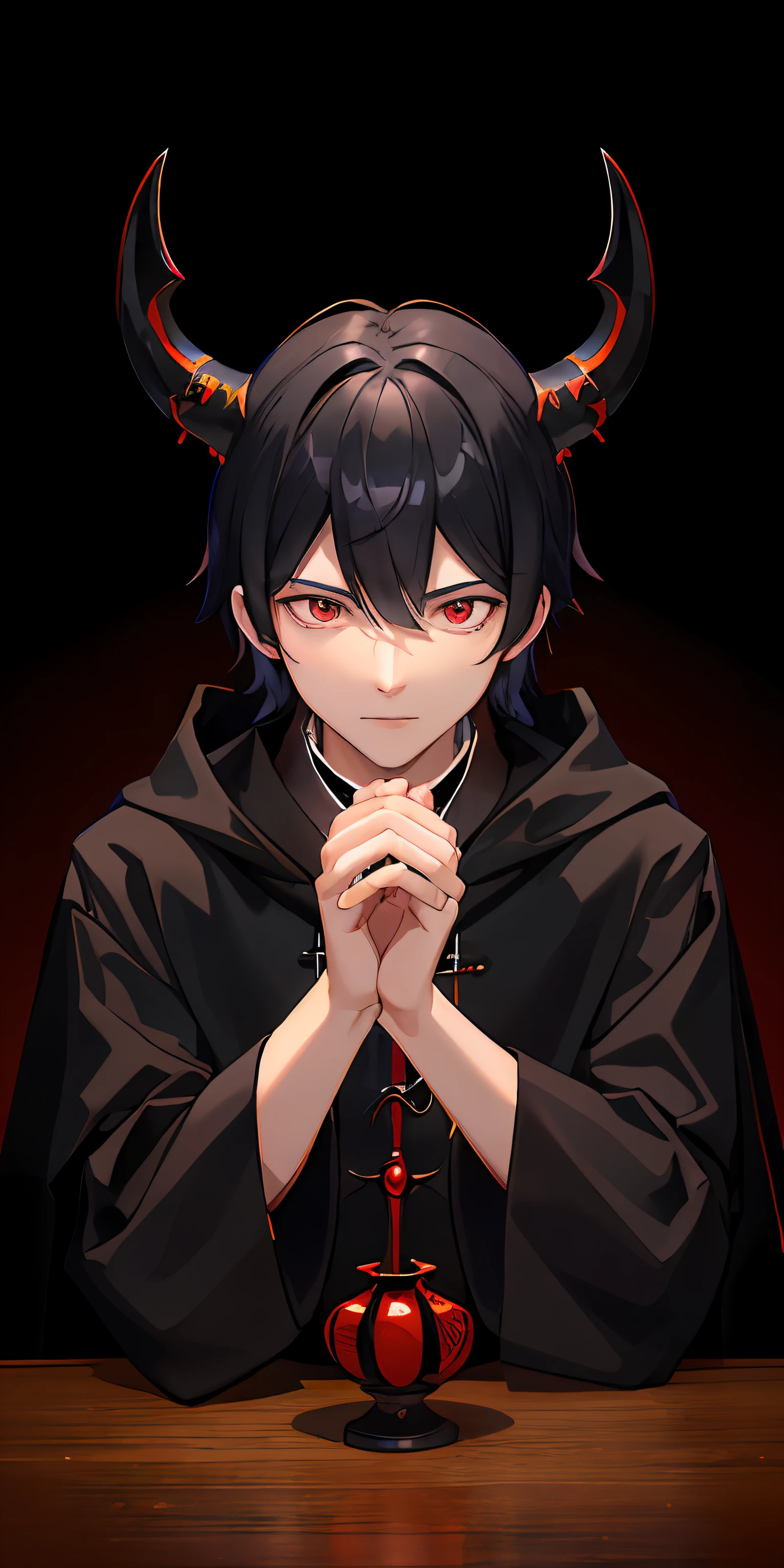 A guy with black wings and necromancer outfit with magical accessories, light-skinned red eyes