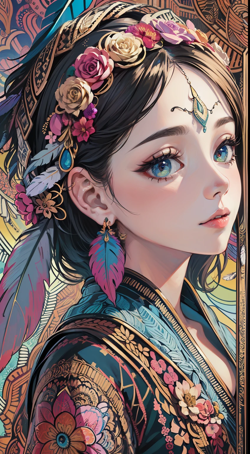 (masterpiece, top quality, best quality, official art, beautiful and aesthetic:1.2), (1girl:1.3), extremely detailed,(fractal art:1.1),(colorful:1.1)(flowers:1.3),highest detailed,(zentangle:1.2), (dynamic pose), (abstract background:1.3), (many colors:1.4), ,(earrings), (feathers:1.5),