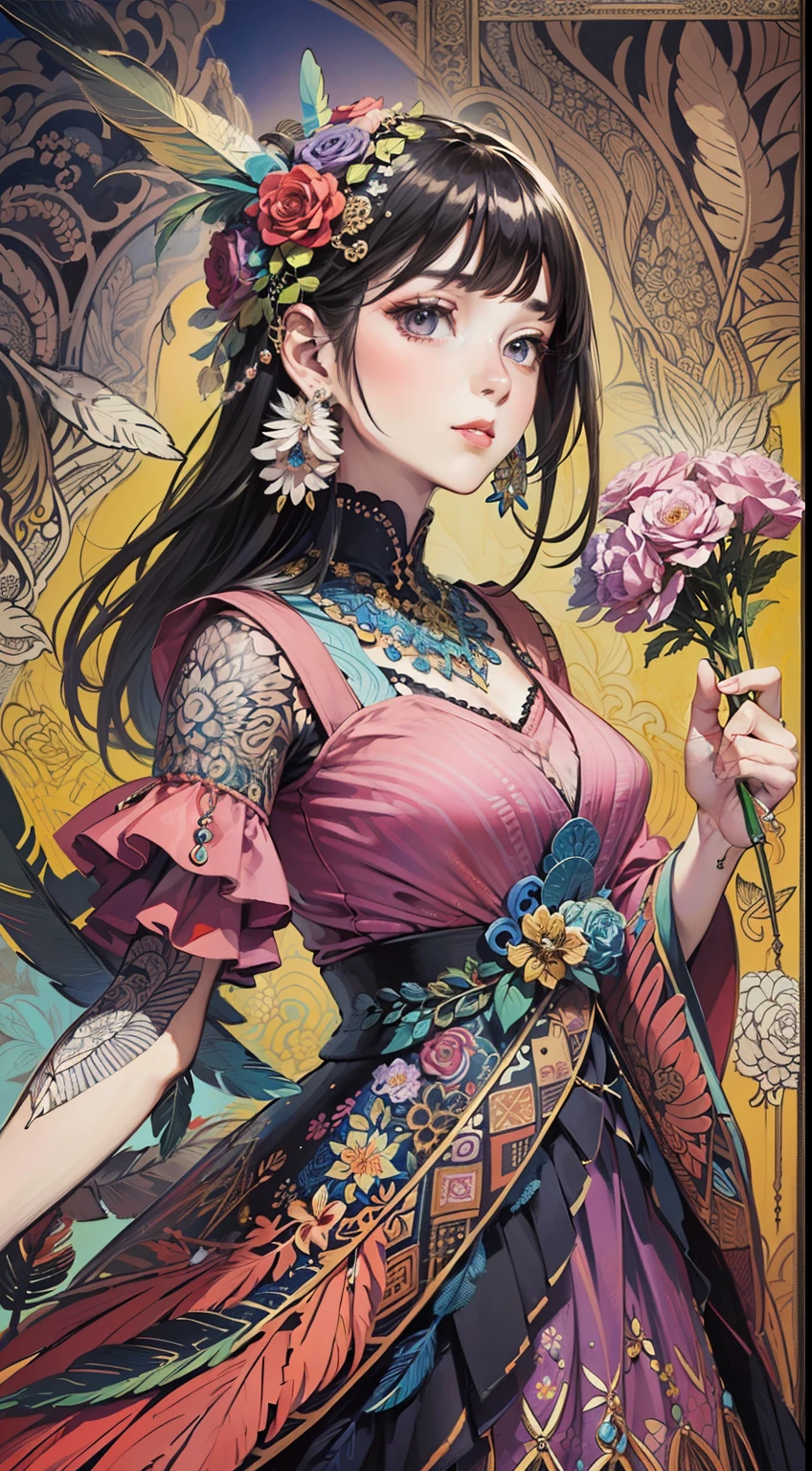 (masterpiece, top quality, best quality, official art, beautiful and aesthetic:1.2), (1girl:1.3), extremely detailed,(fractal art:1.1),(colorful:1.1)(flowers:1.3),highest detailed,(zentangle:1.2), (dynamic pose), (abstract background:1.3), (many colors:1.4), ,(earrings), (feathers:1.5),