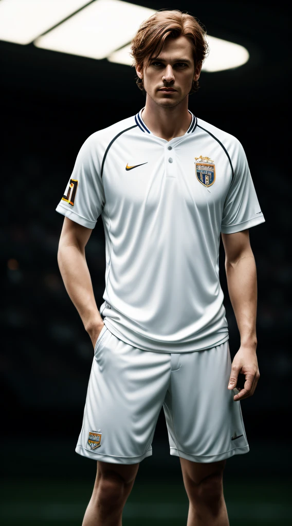 potrait of fullbody a european man, ((wearing white clean jersey)),((no font)), ((no logo or emblem)),ginger hair, in stadium, natural skin texture, 24mm, 4k textures, soft cinematic light, RAW photo, photorealism, photorealistic, intricate, elegant, highly detailed, sharp focus, ((((cinematic look)))), soothing tones, insane details, intricate details, hyperdetailed, low contrast, soft cinematic light, dim colors, exposure blend, hdr, faded