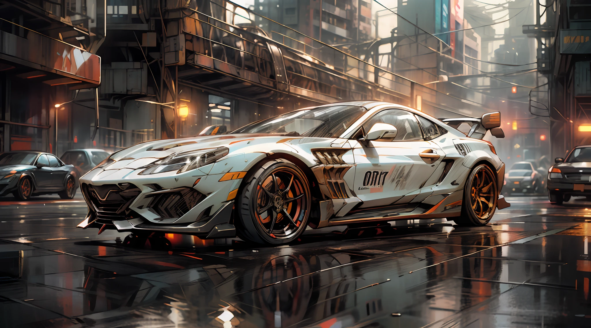 Sports cars chasing, buildings shimmering under neon lights, midnight urban cyberpunk style, mirrors reflecting rain on the ground, the picture is full and delicate, showing the best quality and high level of detail.