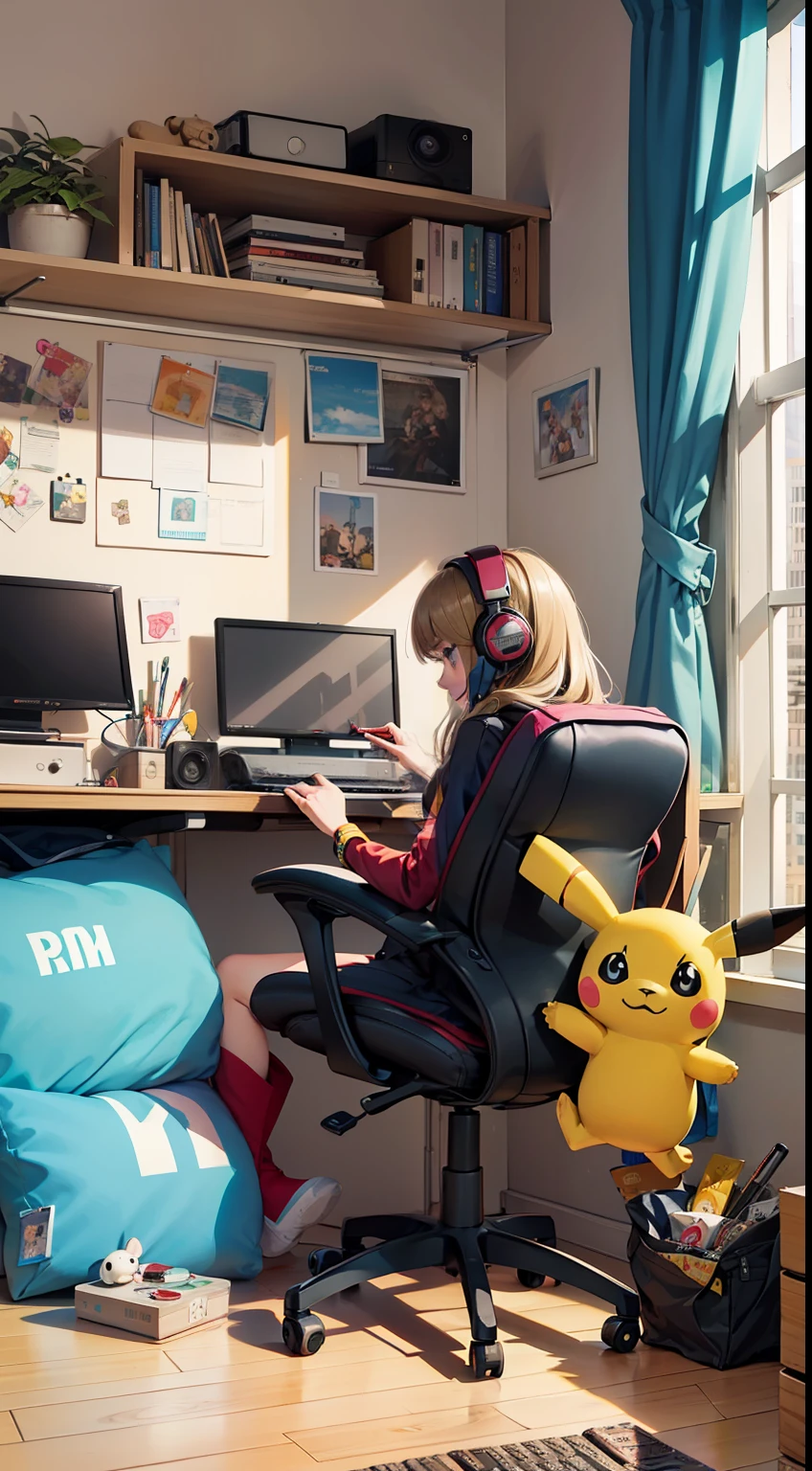 (best quality), ((masterpiece)), (highres), illustration, original, extremely detailed wallpaper, game console, game controller, soccer ball, controller, television, playstation controller, bookshelf, gamepad, indoors, poster (object), book, pillow, bed, no humans, shelf, english text, nintendo switch, ball, virtual youtuber, monitor, poke ball, table, video game, telstar, food, keyboard (computer), handheld game console, messy room, blanket, playing games, mouse (computer), cup, pikachu, ground vehicle, computer, box, cameo, bag, chair, clock, bedroom, link, shoes, globe, mario, loaded interior, solo, motor vehicle, book stack, sonic the hedgehog, soccer, 1boy, couch, poke ball (basic), holding controller, weapon, game boy, baseball bat, character doll, 1girl, headphones, helmet, can, bottle, sword, cd, hat, kirby, speaker, scenery, cardboard box, meme, rug, trash can, artist name, painting (object), map, window, desk, gun, playstation portable, samus aran, guitar, slippers, instrument, male focus, aircraft, pizza, wooden floor, photo (object), lying, tissue box, dice, parody, bulletin board, cosplay, shoes removed, sneakers, copyright name, model kit, skull, carpet, futon, logo, microphone, trash bag, character print, blonde hair, brand name imitation, airplane, holding game controller, cloud, isabelle (animal crossing), cushion, pokemon (creature), picture (object), alarm clock, toy, gloves, stuffed toy, under covers, mega man (character), graffiti, character name, sticker, handgun, bean bag chair, coca-cola, ladder, lamp, shirt, multiple girls, joystick, on bed, mug, inkling, plant, soda can, doll, cabinet, motorcycle, long hair, refrigerator, day, sitting, clothes writing, board game, sky, boots, alcohol, messy, card, backpack, crossover, shadow, product placement, paintbrush, paper, objectification, dakimakura (object), remote control, plate, office chair, portrait (object), calendar (object), wall, kiryu coco, manga (object), boots removed, mori calliope, bed