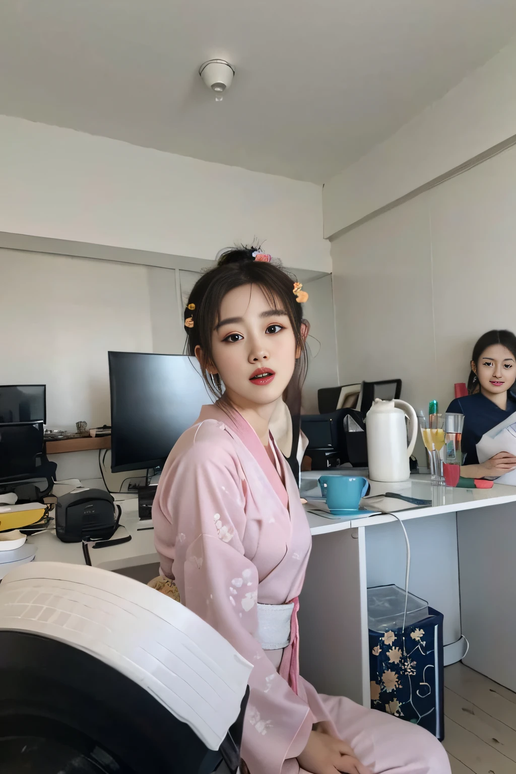 (bust: 1.3), upper body Best quality, (masterpiece: 1.2), photo realistic, original photo, (fractal art: 1.2), colorful, soothing tones, 1 female, mature female, (koh_amberheard:0.8), look at the audience, hanfu, tang style, (folk dance pose), ponytail, small mouth,