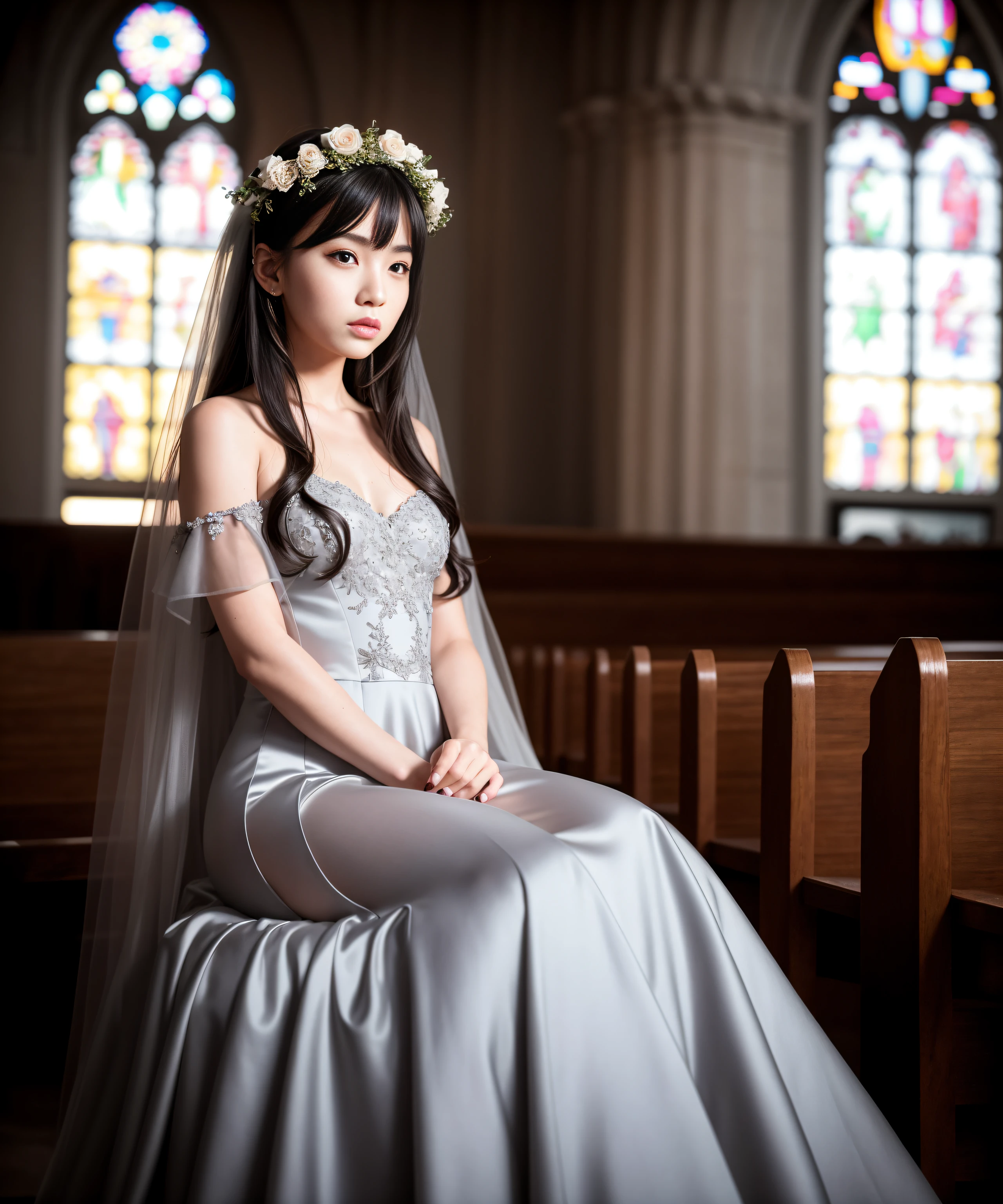 realism, light from behind, 4k,raw photo,(masterpiece), (best quality), highres, (1girl),(realistic, photo-realistic:1.2),ultra detailed, physically-based rendering, 1girl, small breasts, 
1girl, solo, full body, short hair, multi color hair, dye hair, hair bangs, flower on hair, ((inside church)), detailed eyes, aged down, young age, detailed face 
 standing, flower crown, full body, sitting, crossed legs, arm support, masquerade mask, makeup, stocking, 
 innocent, wedding gown, long sleeves, ball gown, bridal cape veil, long dress, long gown, ((grey chrome gown)), ((dark theme)), ((night time)), gloves, from side and below, white cape, thigh cut