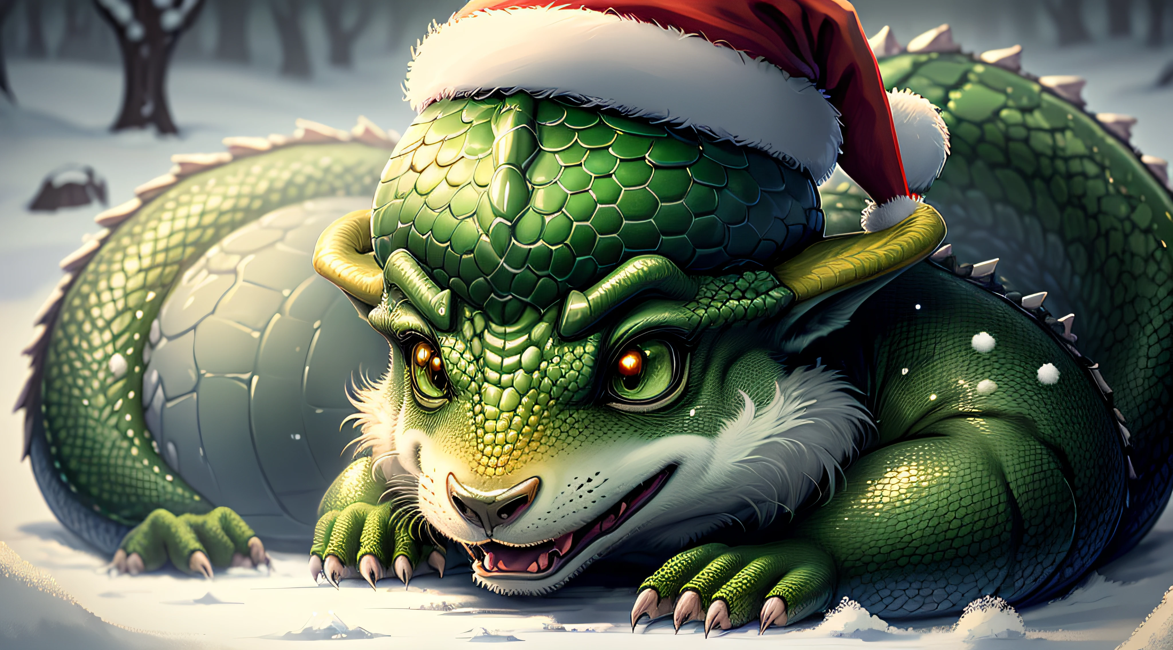 Dragon, ((Green Dragon)), ((Scales)) , blur, Christmas tree, Snow, Winter, New Year's hat, (New Year), nature, no_humans, depth of field, to8contrast style, DARK_Glam dressed in Christmas hat, deep shadows, (dark: 1.4), (8k, RAW photo, best quality, masterpiece: 1.2)
