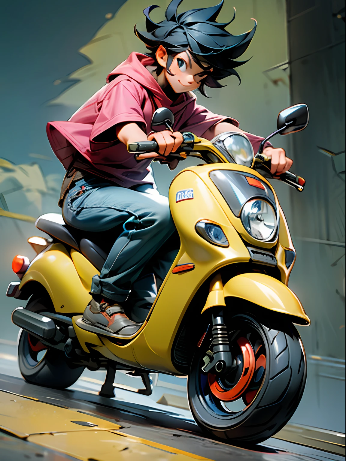 A cute boy in a t-shirt and jeans riding on a Q version cartoon electric scooter, pocket bike/scooter/monkey bike, the scene is set on a sunny day, the following special effects can be added to enhance the visual impact: make the image brighter; brush strokes, which make the cartoon style more prominent; and a fresh low-saturation color effect that amplifies the effect of the natural environment in the background