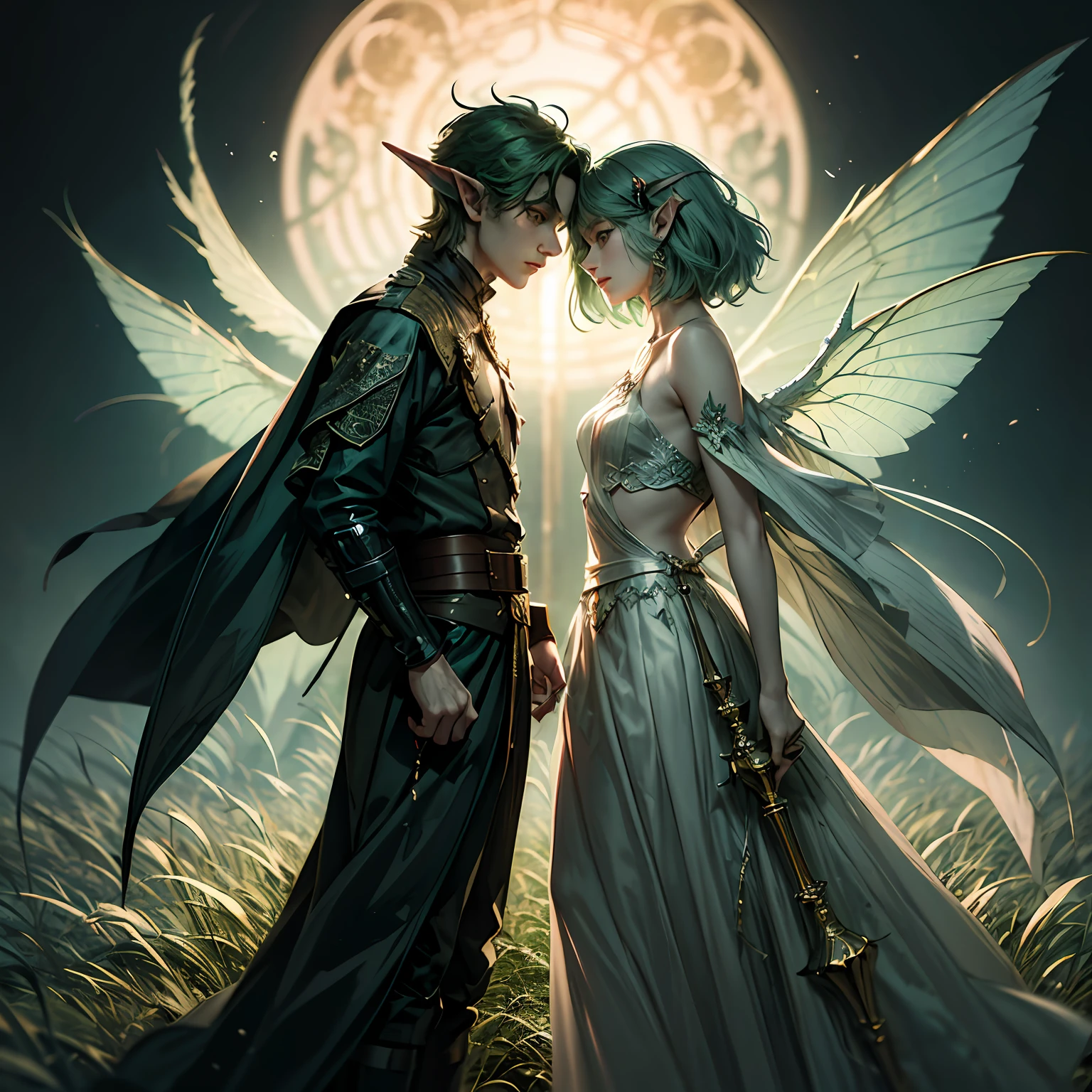 Full body portrait, forest elf, green hair, petite body, ray glow, optical, panoramic illumination, atmospheric perspective, dawn, anti-aliasing: 5D, light painting, color, beautiful face, clear facial features, symmetrical transparent wings, stunning details --auto