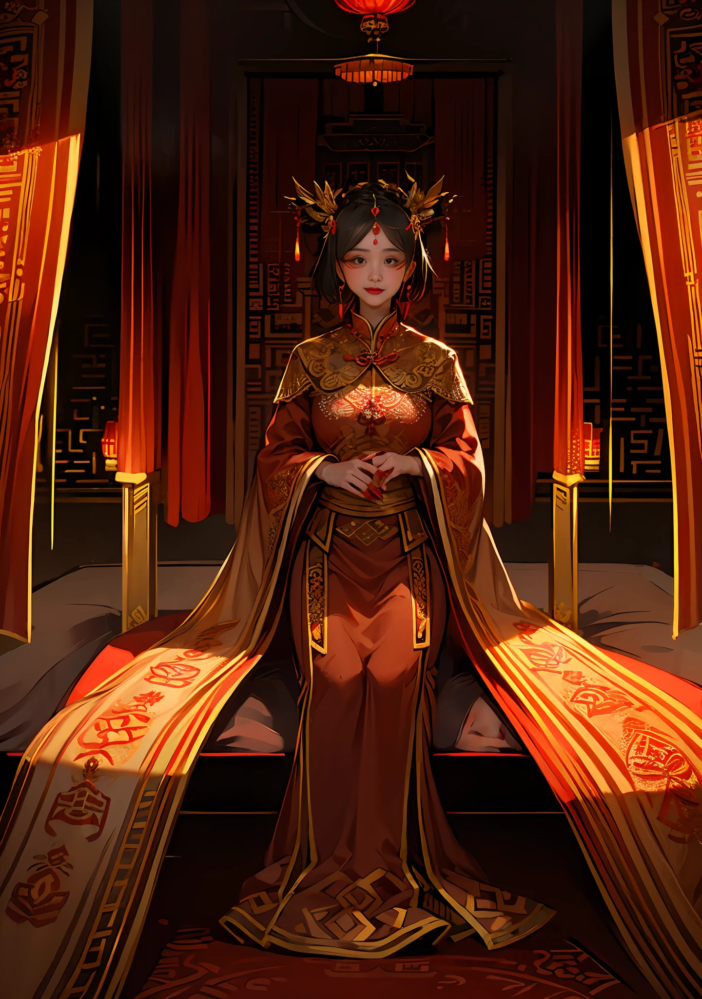 (Ultra-realistic 8k CG: 1.2), perfect artwork, delicate patterns, intricate details, (unparalleled masterpiece, best quality: 1.2), (extremely complex: 1.2), a woman in a red and gold dress, phoenix crown, hair stick, (sitting on a red bed), makeup, blush, shyness, black_hair, looking down, cosmetics, (forehead point), (2 red candles), Chinese_clothes, curtains, earrings, hair_ornament,hanfu, interior, jewelry, red nails, long_sleeves, red dress, red lips, tassels, (red quilt), (red palace: 1.2), (ancient Chinese architecture), (red: 1.8), night