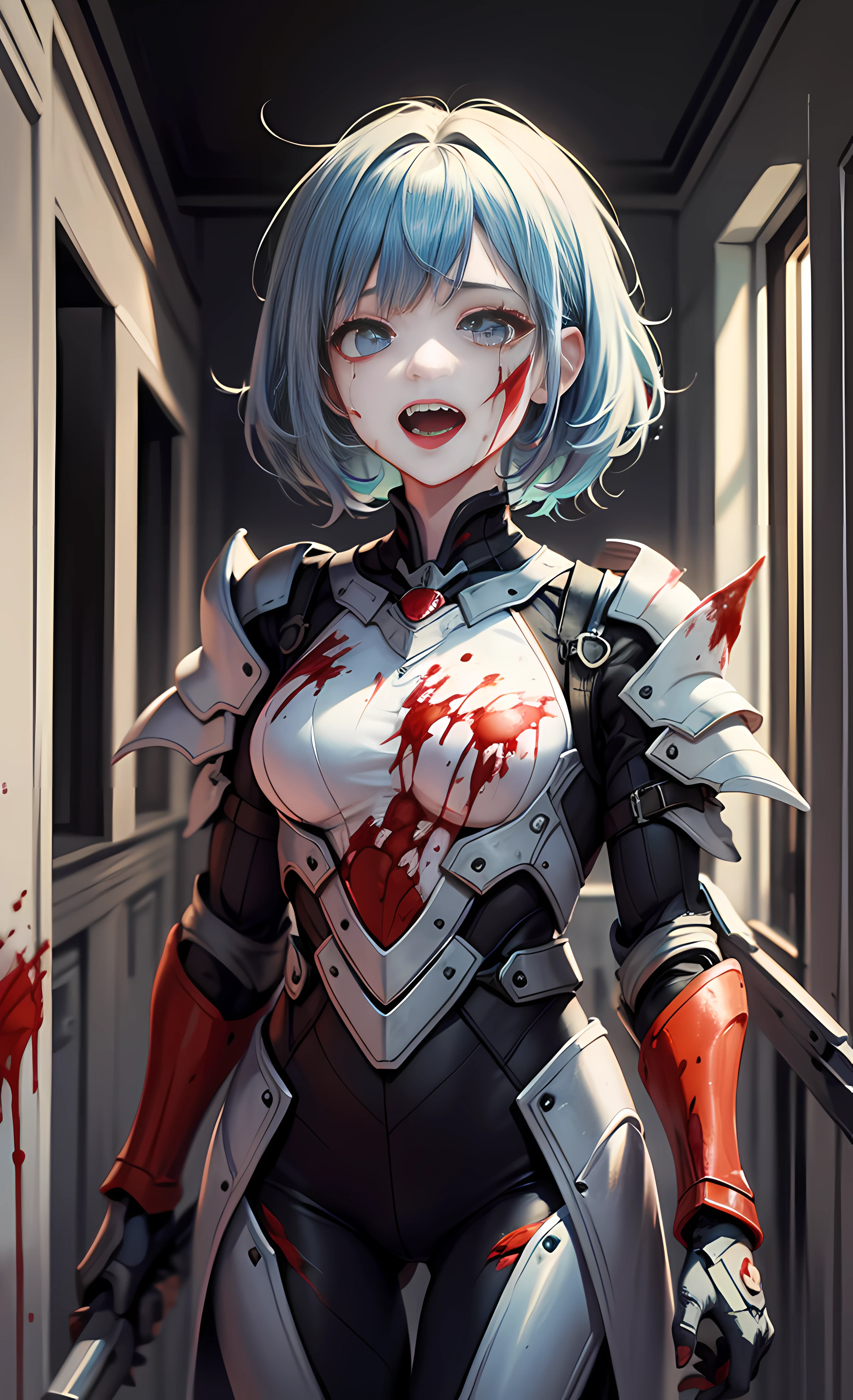 (Masterpiece), (wearing biofusion armor), holding a laser giant axe, best quality, 1 girl, pale skin, blue hair, laughing, sticking out tongue, messy hair, blue eyes, glowing eyes, creepy, crazy expression, blood on face, blood on clothes, walking, falling, hanging arm, loose arm, mental hospital, corridor, darkness, lighting, creepy, scary, flashing lights, blood, horror, dim light, behind you are killed monsters