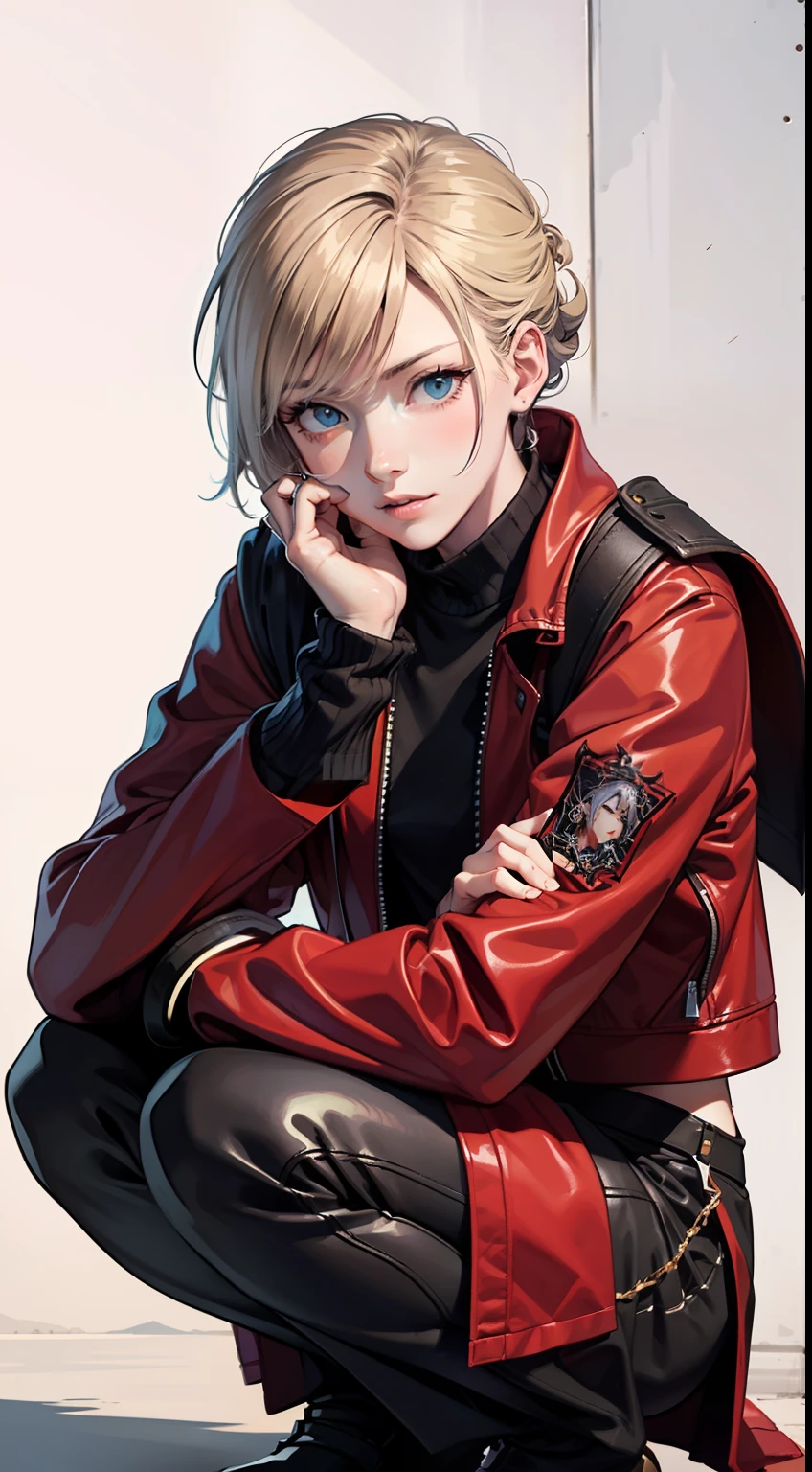 masterpiece, best quality,
a drawing of a gril squatting, a character portrait, inspired by katsuya terada, pixiv, portrait of thancred, wearing adventuring gear, thoughtful pose, sylas, official render, cerulean, resting, with clothes on, masai, dreamcast, photo of breeze kaze