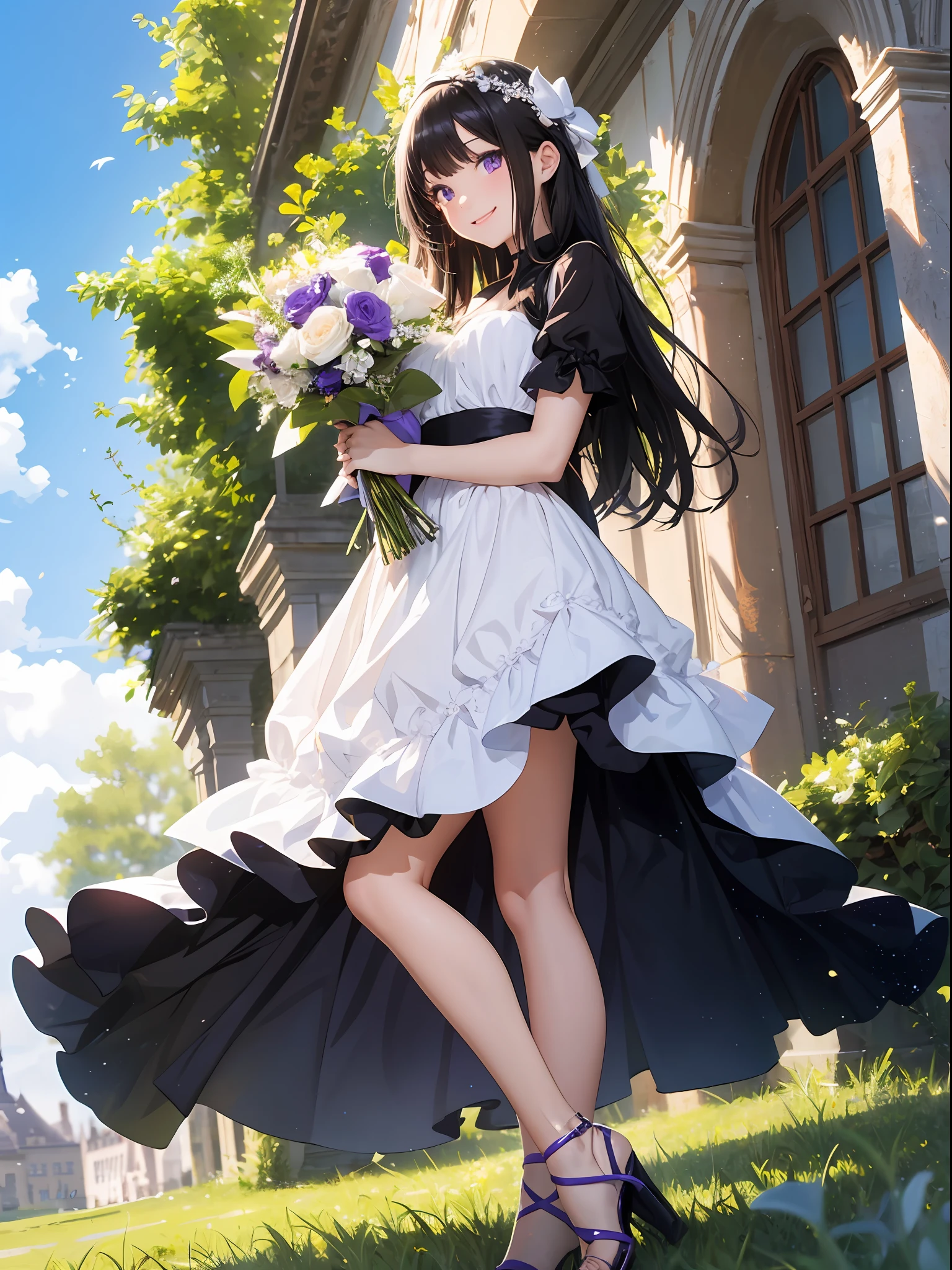 girl, black hair, long hair, purple eyes, beautiful eyes, smiling, happy, white dress, bouquet, posing, full body, on grass, blue sky