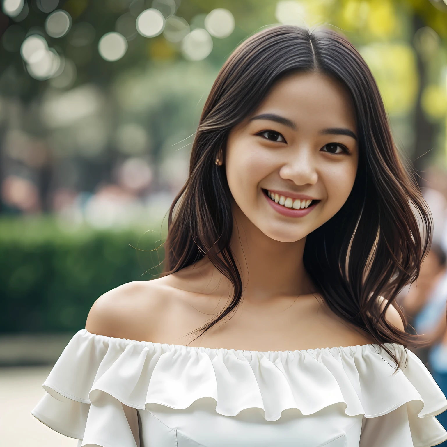 1girl, sexy, 20 years old, smile, looking at the audience, off-the-shoulder dress, proud, photo, realistic, best quality, detailed face, detailed background, diffuse lighting, depth of field, bokeh --auto