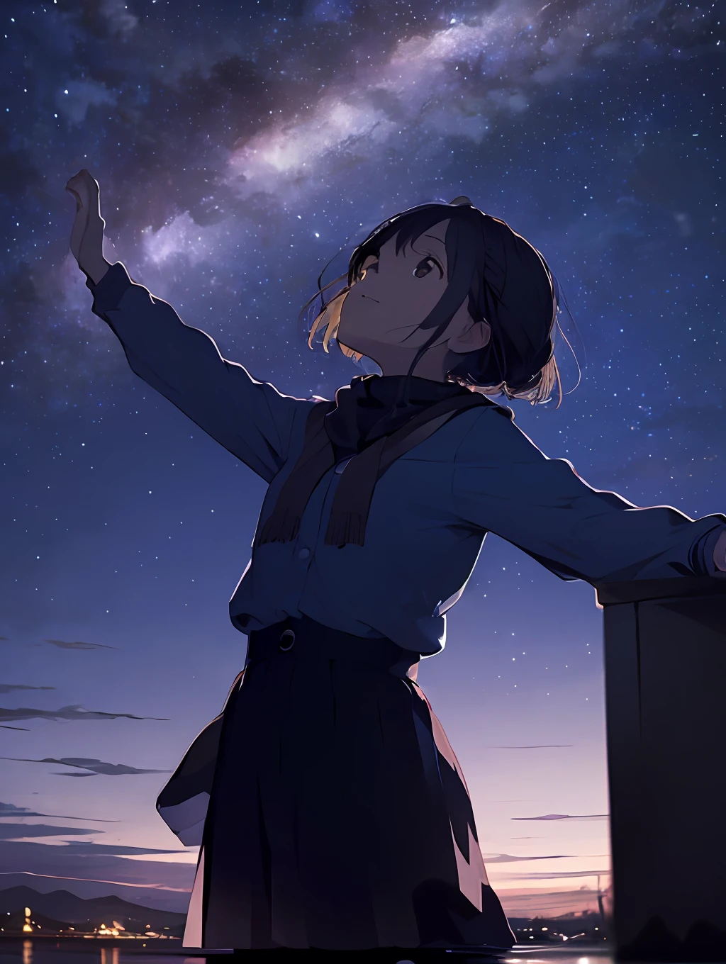 1 girl, stretching out her hands, sky, night, looking up, staring at the viewer,