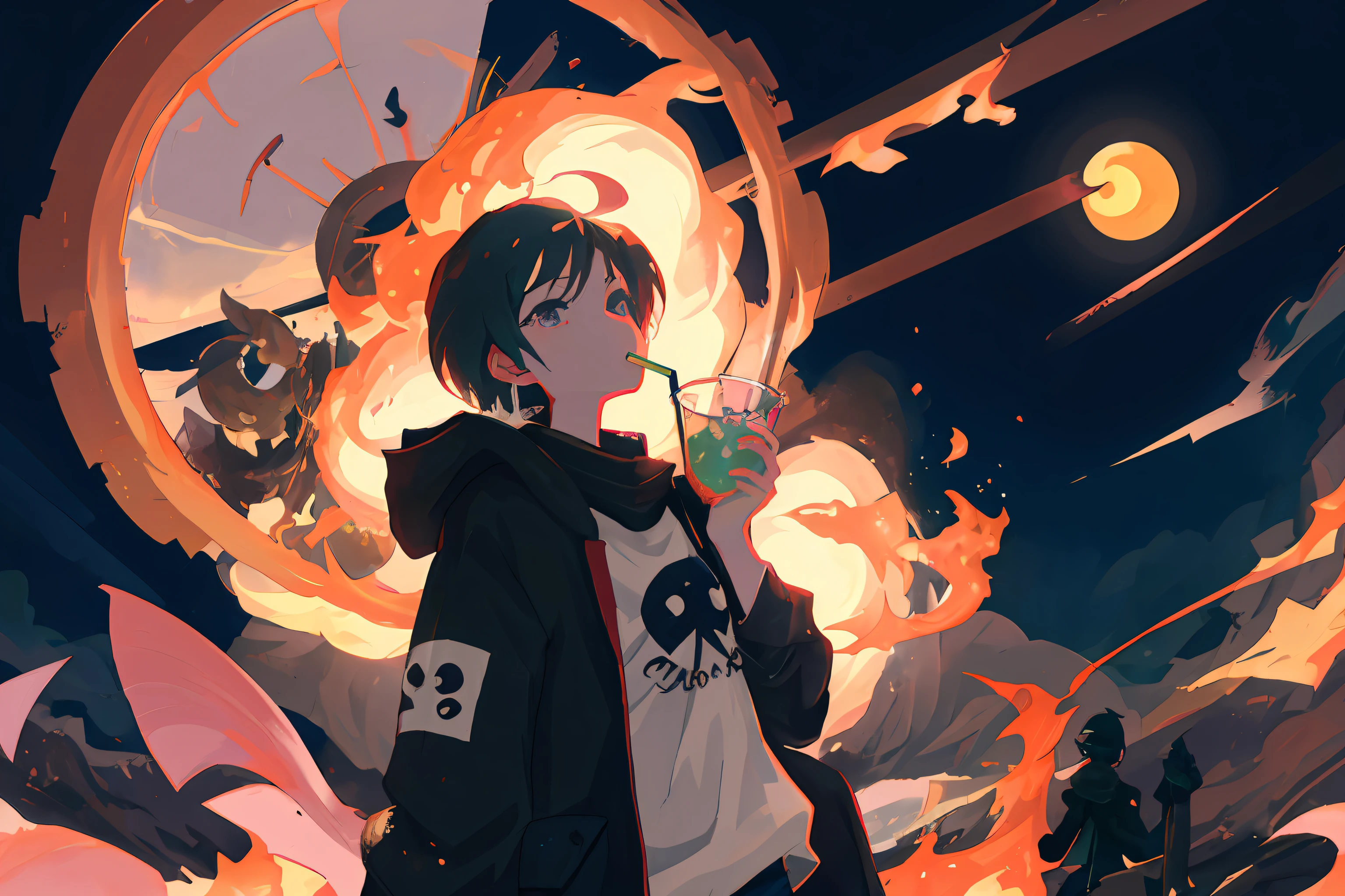 🌌 In the cosmic setting, a 2D anime character holding a drink and a doughnut, Loepfe Art Style, Yoko Taro Doujin Art, High Quality Anime Style, Official Doujin Art, Anime Aesthetics, . ✨🕌🌙 ❤🔥🍄🌪