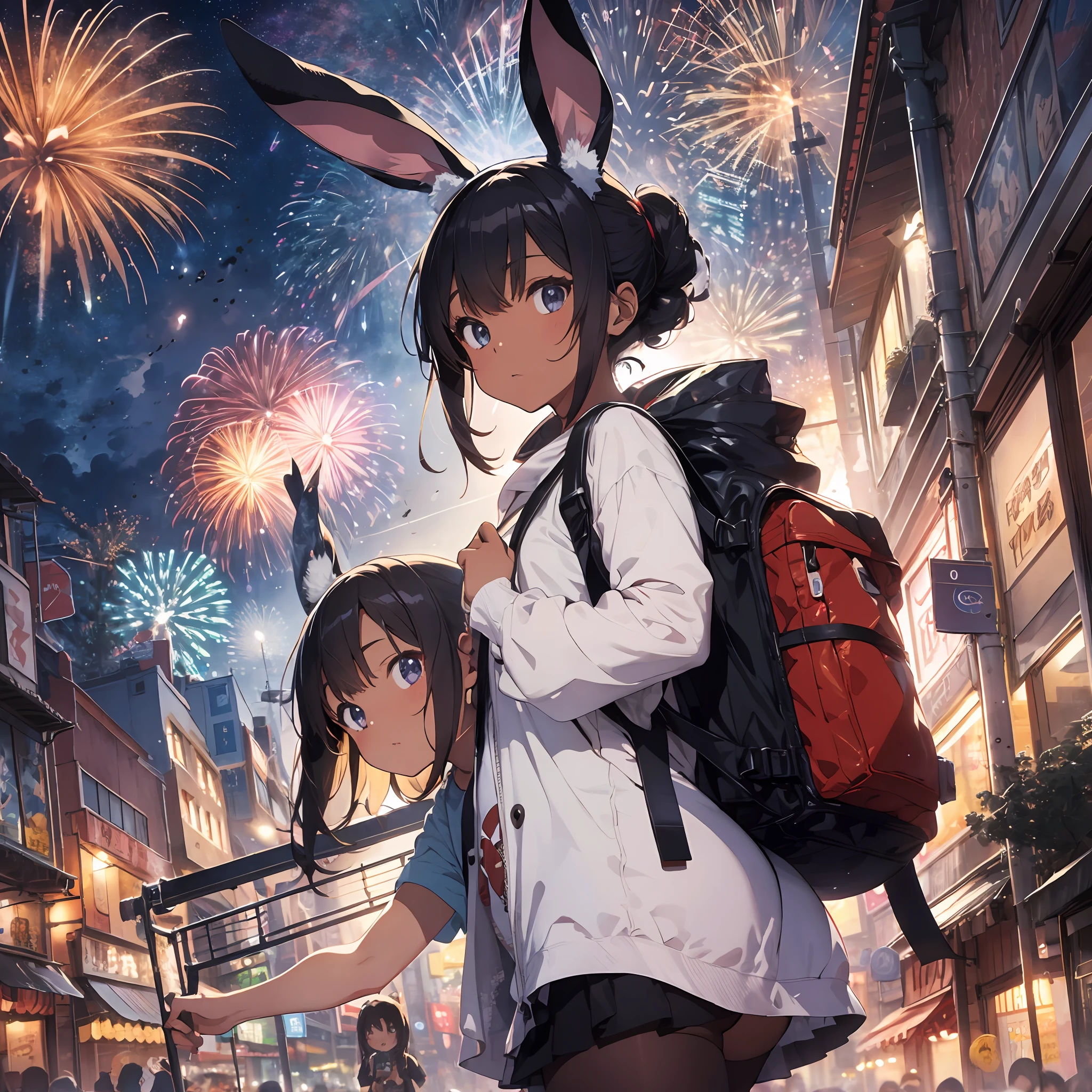shopping cart, cart ride, hand held fireworks, night, thick eyebrows, (huge backpack: 1.5), (dark skin: 1.3), brown skin, movie lighting, small, rabbit ears, (master master masterpiece), ((best quality)), (super detailed), shiny skin, full body anime girl, clean and detailed anime face, high resolution anime eyes, five fingers, Textile shading, perfect human structure, perfect anatomy,