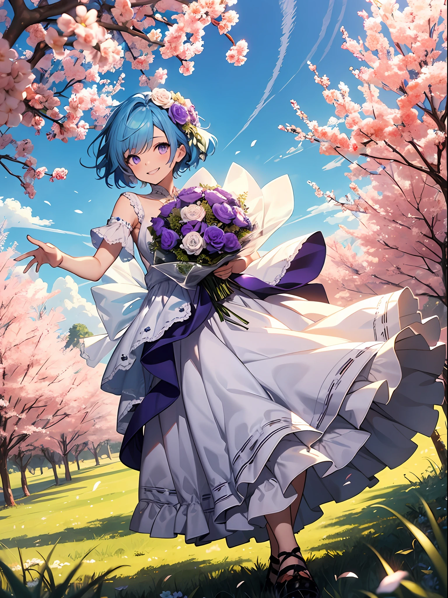 girl, sky blue hair, short cut, purple eyes, beautiful eyes, smiling, happy, white dress, bouquet, posing, full body, on grass, blue sky