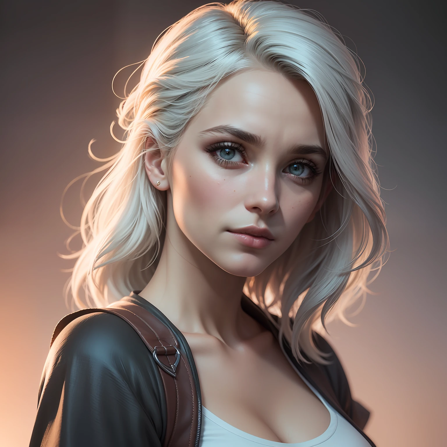 ((Ciri from The Witcher)), dressed, (photorealistic:1.4), (hyperrealistic:1.4), (realistic:1.3), (more uniform lighting: 1.05), (improvement of cinematic lighting quality: 0.9), 32K, 1girl, 20yo girl, realistic lighting, backlight, light on face, raytrace, (brightening light: 1.2), (increase quality: 1.4), (best quality real texture skin: 1.4), finely detailed eyes, finely detailed face, fine quality eyes, (tired and sleepy and satisfied:0,0), close-up of face, T-shirts, (Increase the mood of body line: 1,1), (Increase the beauty of skin texture: 1,1)