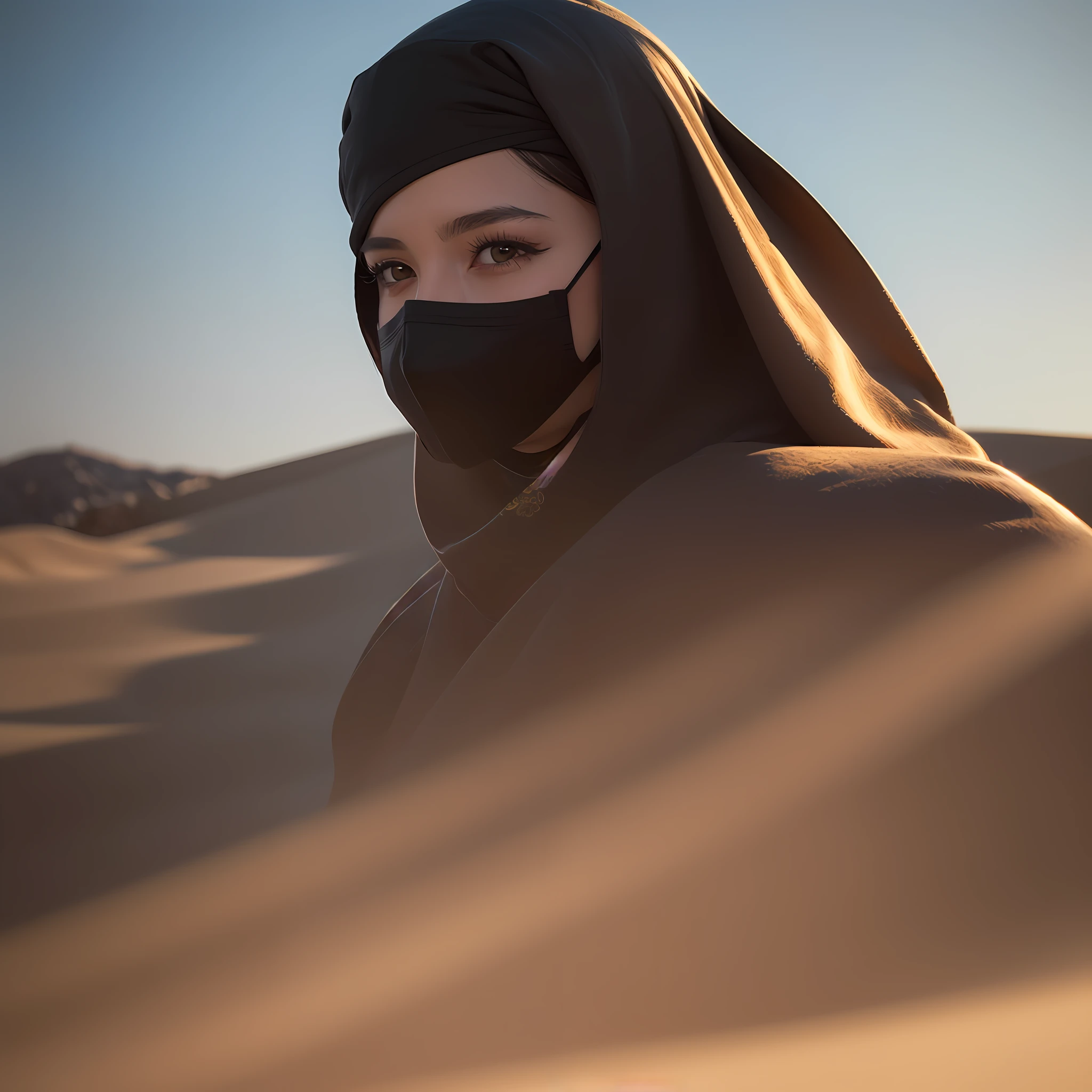 Panorama, portrait, realism, golden desert, 1girl,, Ottoman style luxury army military dress, gold decoration, Arabesque tight headscarf, European silk scarf, cotton mask mask, face wearing gold-encrusted black leather mask, armed carrying gear, holding modern automatic rifle, standing in the desert, facing the audience, ten sci-fi advanced tanks in the desert in the background (panoramic close-up), one main gun, three machine guns, desert camouflage paint, armor with Ottoman-style decorative patterns, majestic and majestic, arranged in a square array, perfect composition, professional, meistwick, commission, best quality, color correction, post restoration, retouching, improvement, idyllic, tone mapping, detail, high detail, digital painting, art station, concept art by chamba, smoothness, sharp focus, beautiful illustration, photograph, backlight, dynamic lighting, fog, complex, film grain, professional, facing the audience, all veiled masked, (beautiful m3d_woman, perfect m3d_face,), volumetric lighting, underground scattering, good highlights, good shadows, movies --auto