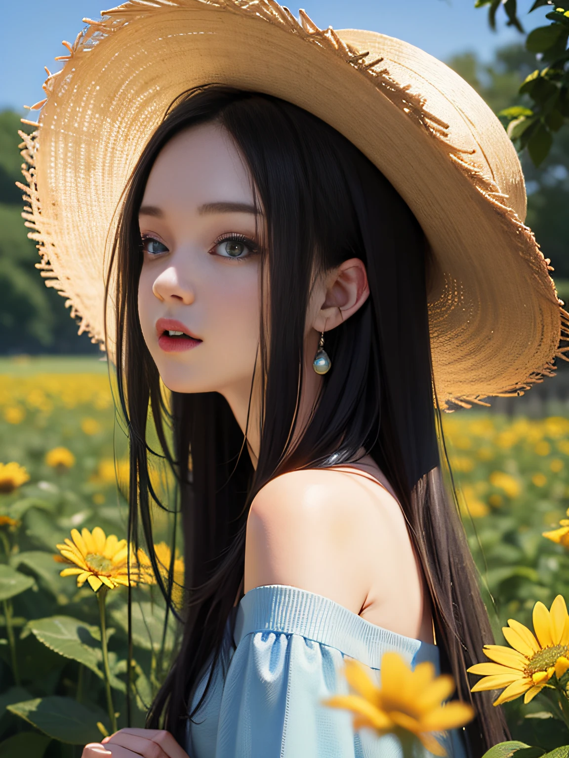 HD, depth of field, spring, smaller head, sideways, black hair, yellow straw hat, anime, off-the-shoulder, wild, colorful flowers and plants,