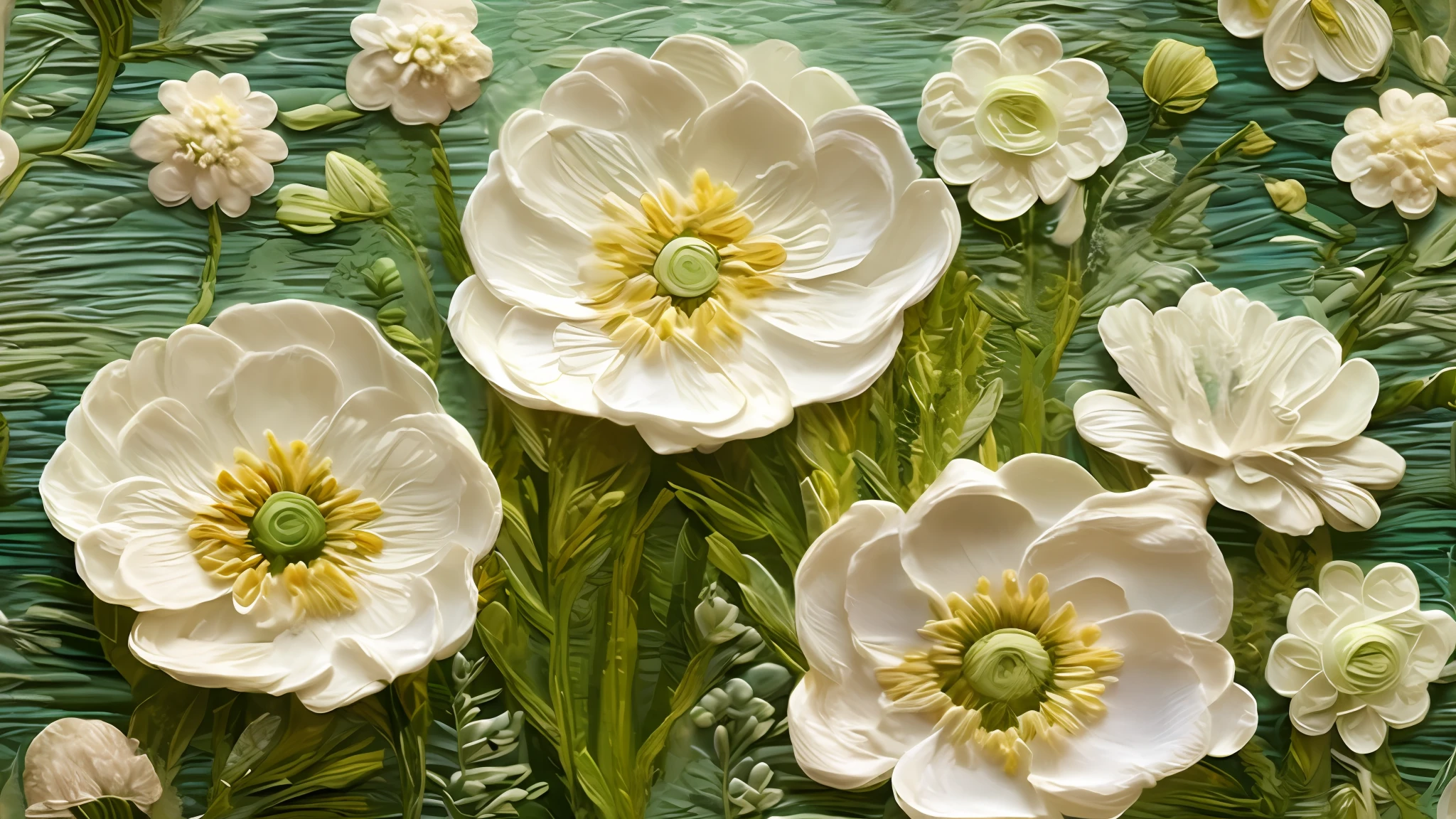 Green surface with many white flowers, paper quilting, flowers with intricate details, sea anemones, flowers and stems, flowers, oil painting relief, inspired by Maximilian Vanka, light green and white, white flowers, paper, beautiful composition, pale green and white, detailed impasto, sea anemone, layered paper art, paper plastic art, depiction of a flower, paper art, oil painting relief