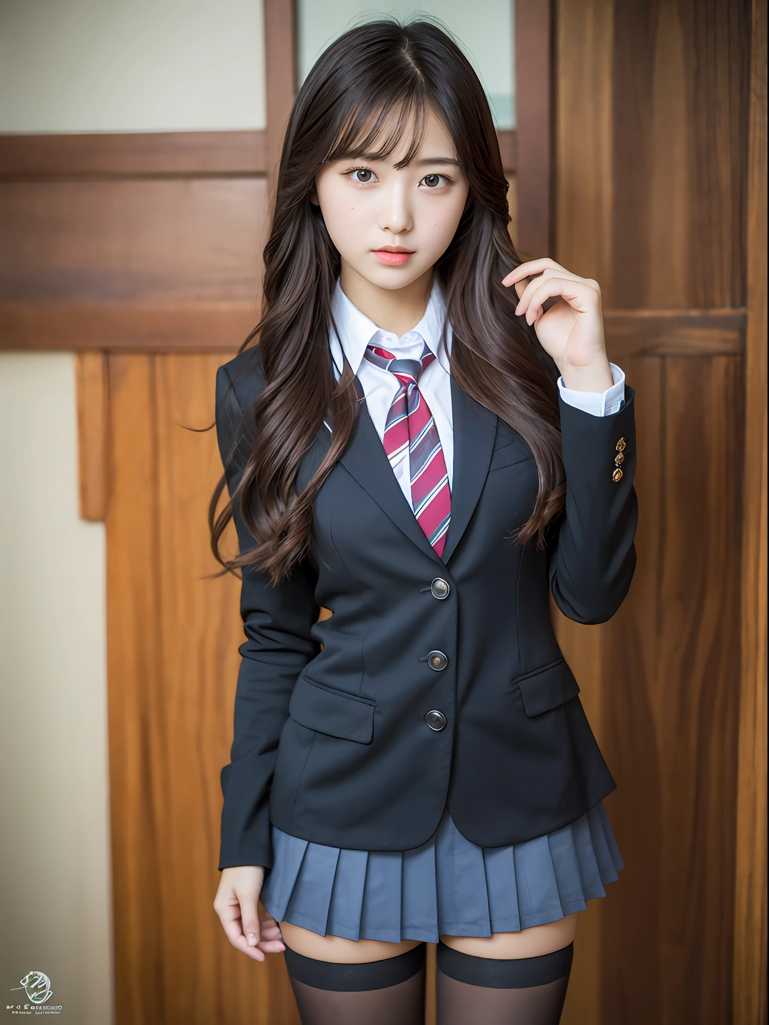 masterpiece, top quality, portrait of one girl, high school girl, cute, one girl, school uniform, slr, realistic, open legs, black tights