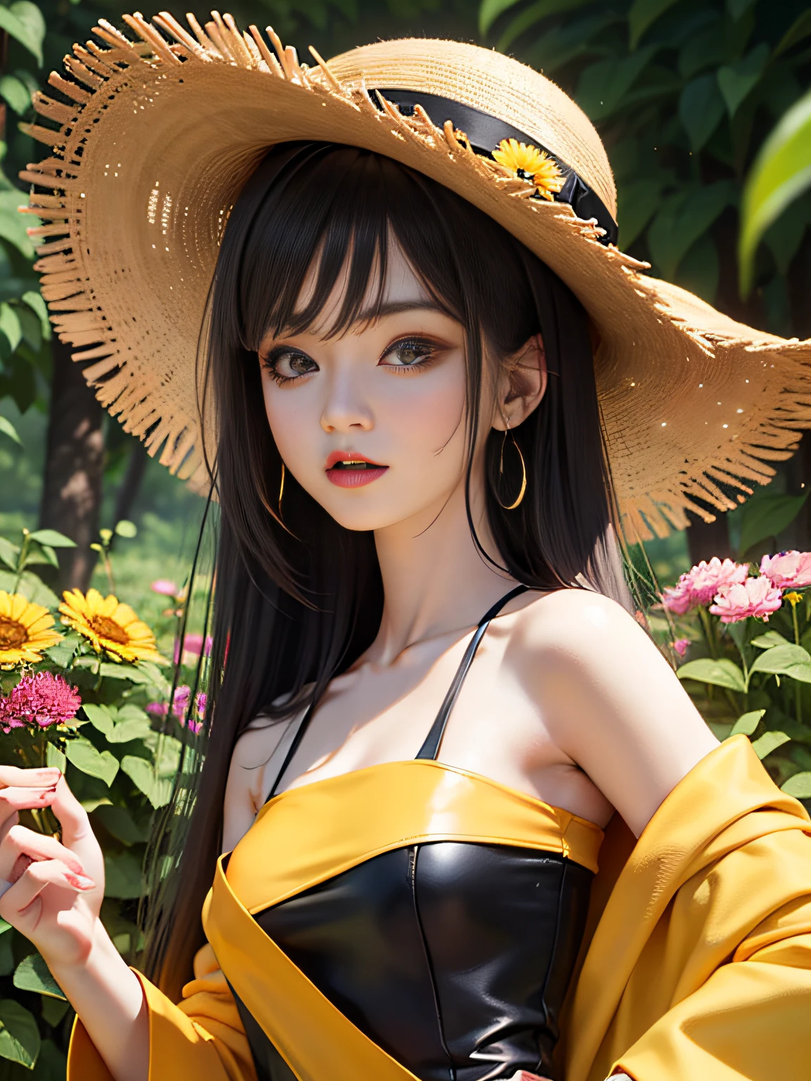 HD, depth of field, spring, smaller head, sideways, black hair, yellow straw hat, anime, off-the-shoulder, wild, colorful flowers and plants,