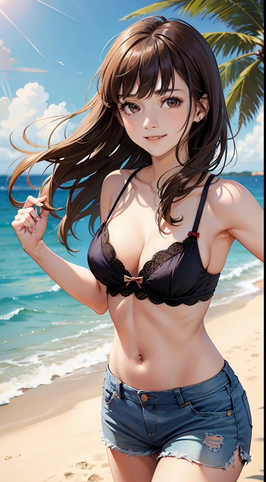 1 girl, solo, shorts, brown hair, outdoors, long hair, day, beach, reality, victoria's secret lingerie, ocean, lean forward, smile, look at the audience, brown eyes, victoria's secret