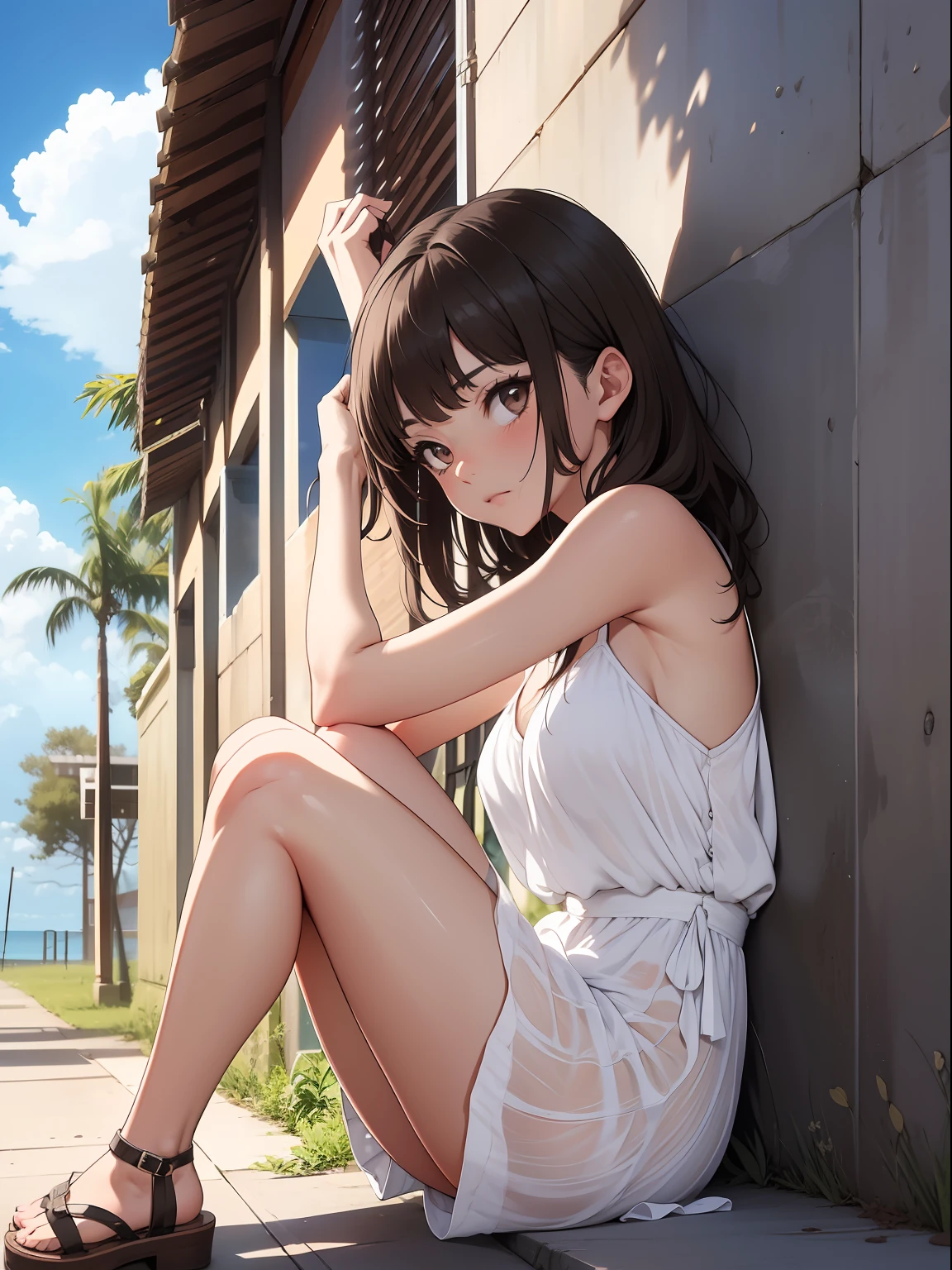 Absurd, Masterpiece, Top Quality, Best Quality, Masterpiece, Official Art, Break, Blue Sky, Clouds, Miyako Island, Okinawa, Break, Model, 18 years old, Brown, Beautiful Girl, Break, Evening, Break, White Sundress, Sandals, Shoulders bare, Short length, Break, The temperature is hot, Sweaty, Break, Black hair, Brown eyes, Break, Dry throat, Drinking water, break, leaning against the wall, sitting, break, angle from below, break,