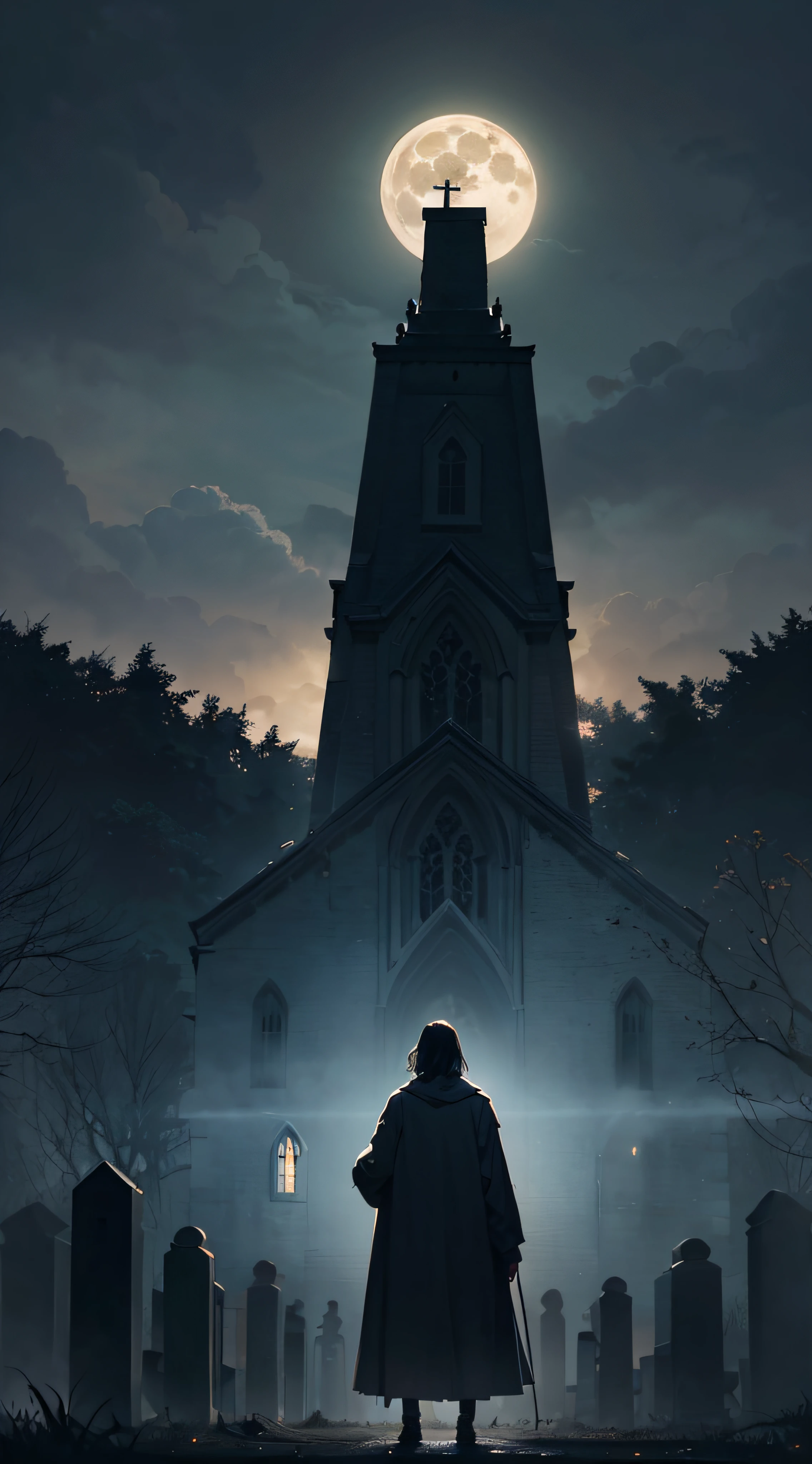 Under the full moon, A church, a dead tree, and a graveyard under a full moon with human clothes scattered around as they transform into werewolves, A dark and eerie landscape with a full moon illuminating the scene, A mysterious and suspenseful atmosphere, Photography, A realistic photograph taken with a wide-angle lens, --ar 16:9 --q 1 --stop 100 --stylize 250