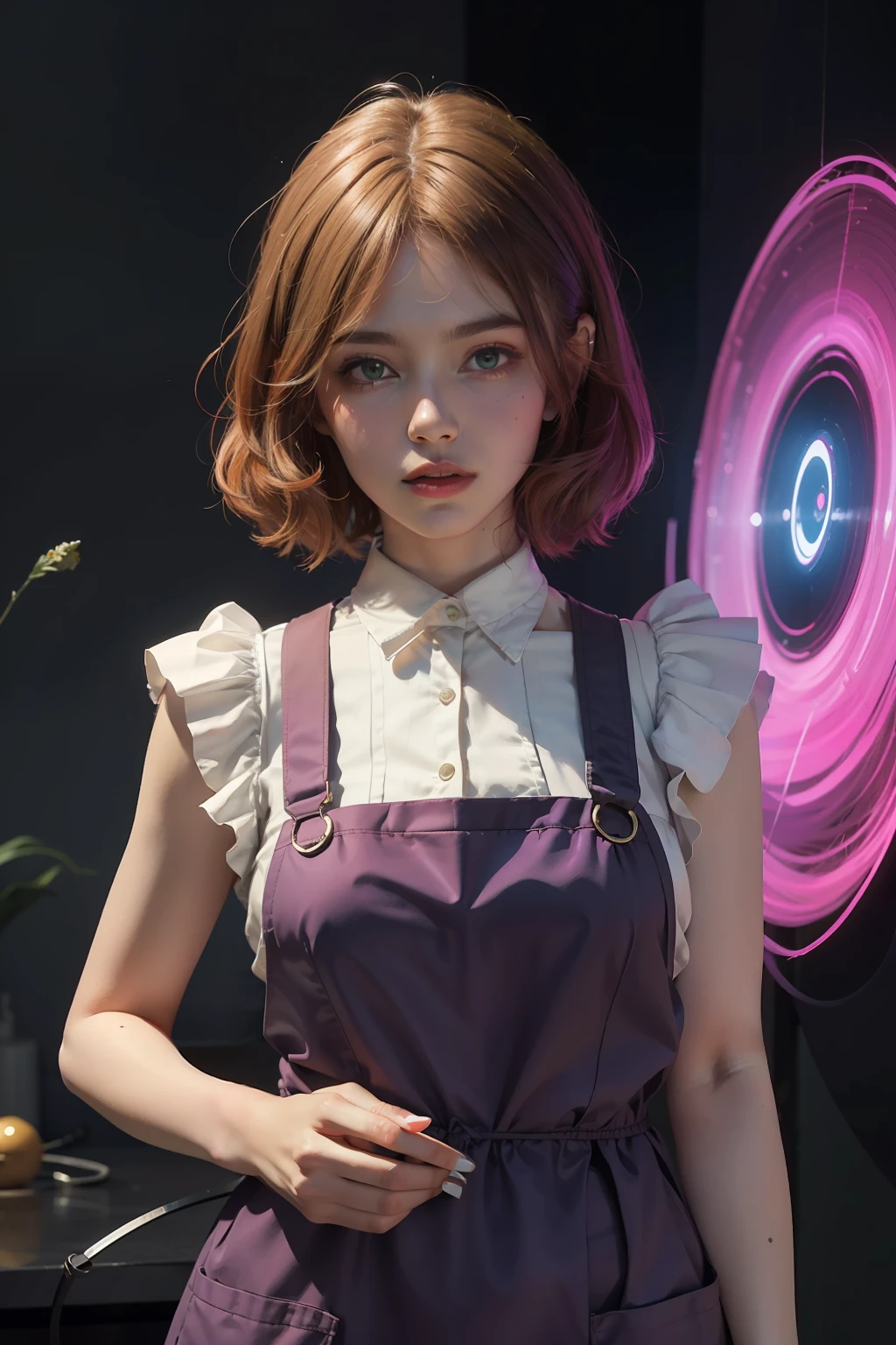 concept art, overhead angle of a Will-o'-the-wisp, wearing Funny Somali Emerald deep orange Pinafore, Caramel hair styled as Short hair, fluorescent purple Hair tie, equirectangular 360, Highres,  [(art by Willi Baumeister:1.1), (art by John T. Biggers:1.2)::17], official art, unity 8k wallpaper, ultra detailed, aesthetic, masterpiece, best quality, photorealistic