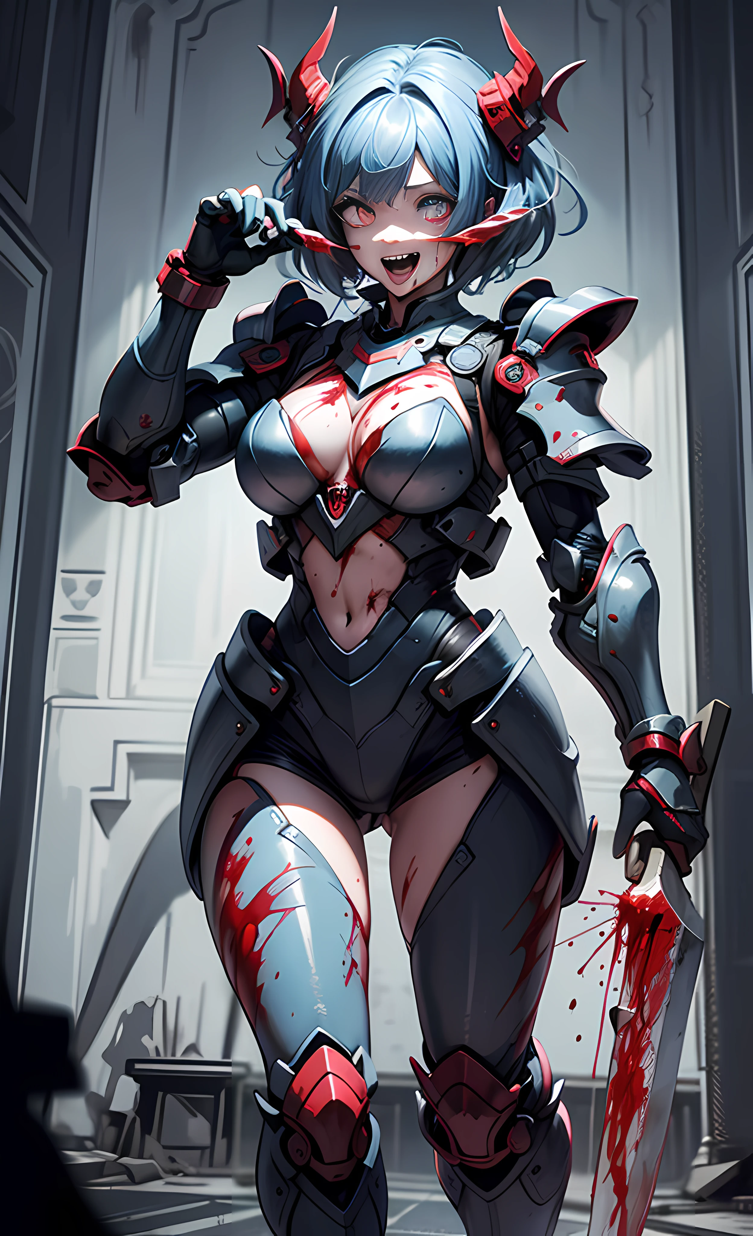 (Masterpiece), (wearing biofusion armor), holding a laser giant axe, best quality, 1 girl, pale skin, blue hair, laughing, sticking out tongue, messy hair, blue eyes, glowing eyes, creepy, crazy expression, blood on face, blood on clothes, walking, falling, hanging arm, loose arm, mental hospital, corridor, darkness, lighting, creepy, scary, flashing lights, blood, horror, dim light, behind you are killed monsters