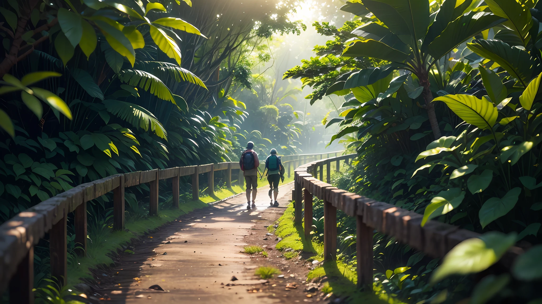 people hiking on a narrow footpath meandering through a lush green tropical forest with early morning sunlight giving the scene a warm welcoming look --auto --s2