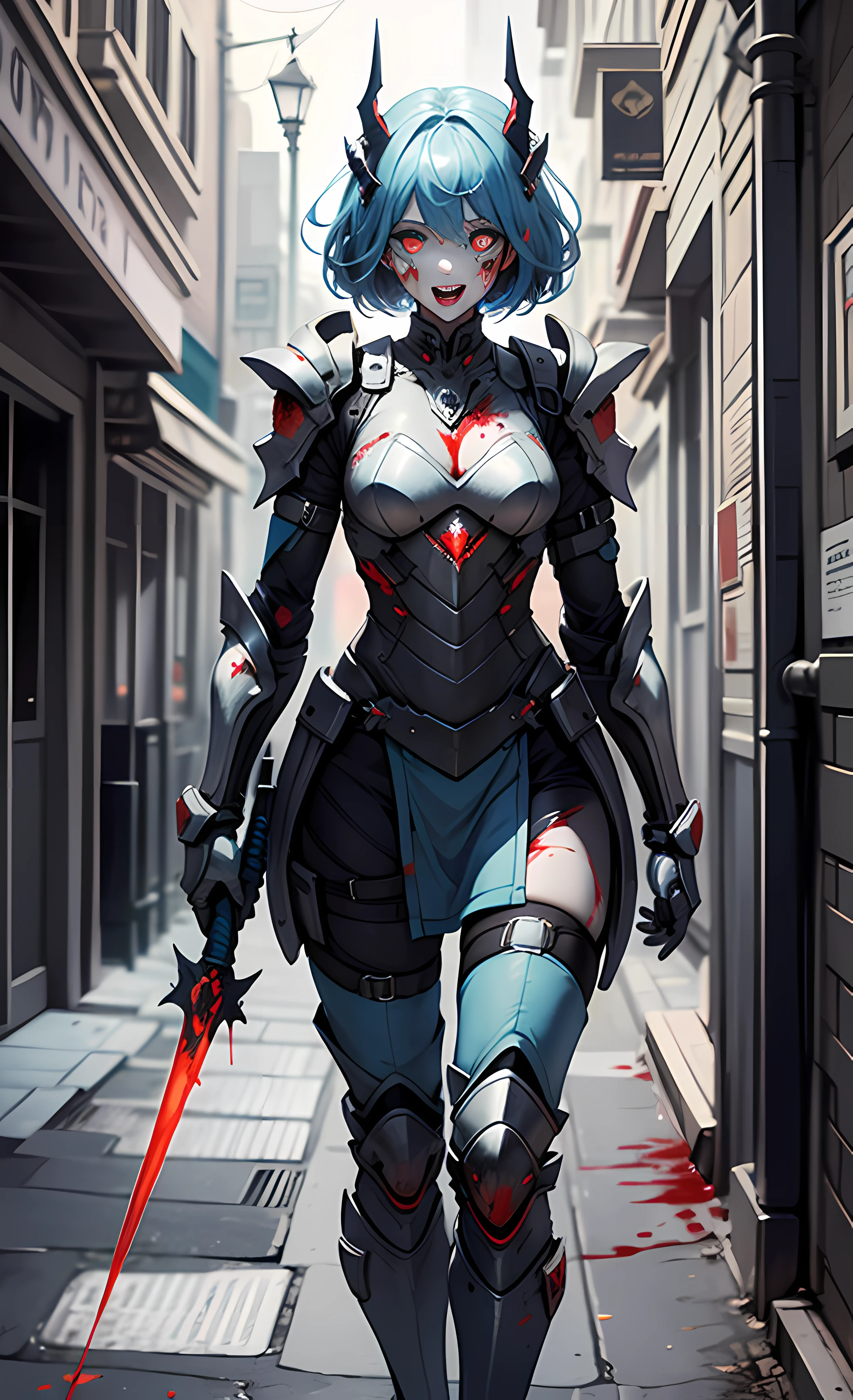 (Masterpiece), (wearing biofusion armor), holding a laser giant axe, best quality, 1 girl, pale skin, blue hair, laughing, sticking out tongue, messy hair, blue eyes, glowing eyes, creepy, crazy expression, blood on face, blood on clothes, walking, falling, hanging arm, loose arm, mental hospital, corridor, darkness, lighting, creepy, scary, flashing lights, blood, horror, dim light, behind you are killed monsters