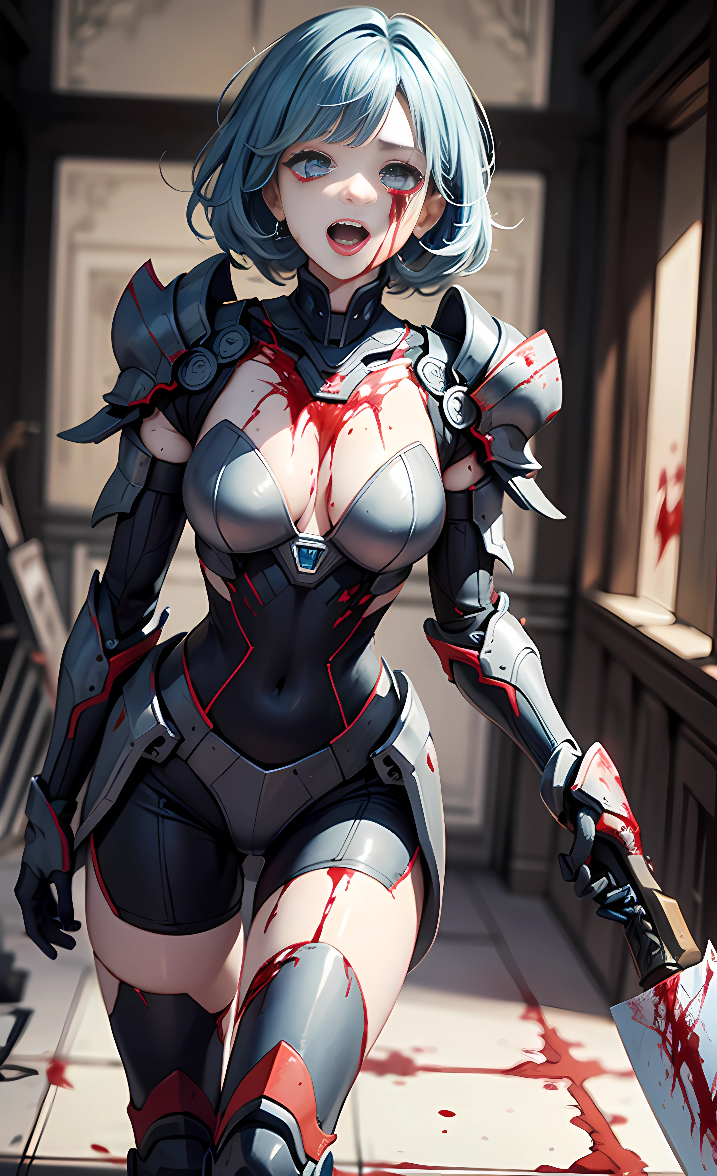 (Masterpiece), (wearing biofusion armor), holding a laser giant axe, best quality, 1 girl, pale skin, blue hair, laughing, sticking out tongue, messy hair, blue eyes, glowing eyes, creepy, crazy expression, blood on face, blood on clothes, walking, falling, hanging arm, loose arm, mental hospital, corridor, darkness, lighting, creepy, scary, flashing lights, blood, horror, dim light, behind you are killed monsters