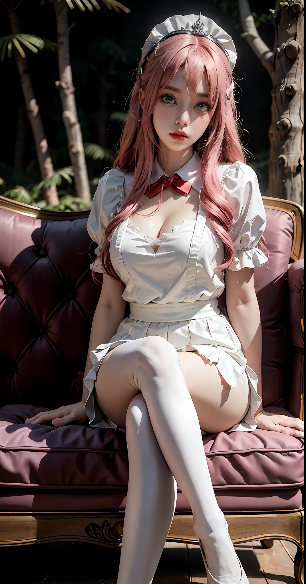 Alabi sitting on sofa, anime Barbie doll with pink hair and white dress, black stockings, elegant and charming cosplay, anime girl cosplay, gorgeous cosplay, cute lazy princess, beauty Delfin, royal elegant pose, cosplay photo, anime goddess, thighs and skirt, sexy maid in the enchanted forest, cute anime waifu wearing beautiful skirt