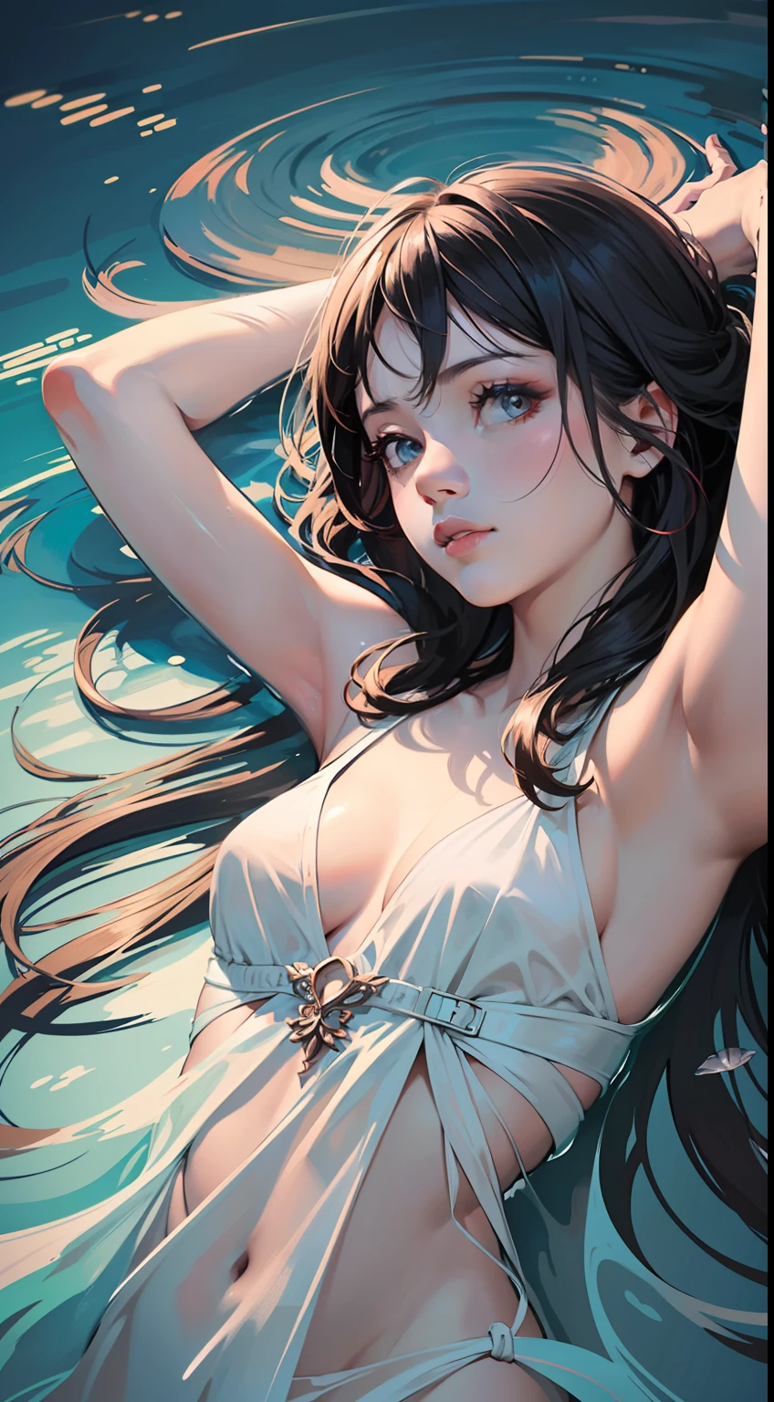 (masterpiece),(best quality),(ultra-detailed),illustration,disheveled hair,Dynamic angle,solo,1girl,game character portrait,(colorful),(see-through dress),long hair,(chiaroscuro lighting:1.2),(flat color:1.1),lake water,mountains,(body submerged by lake:1.3),(lying)