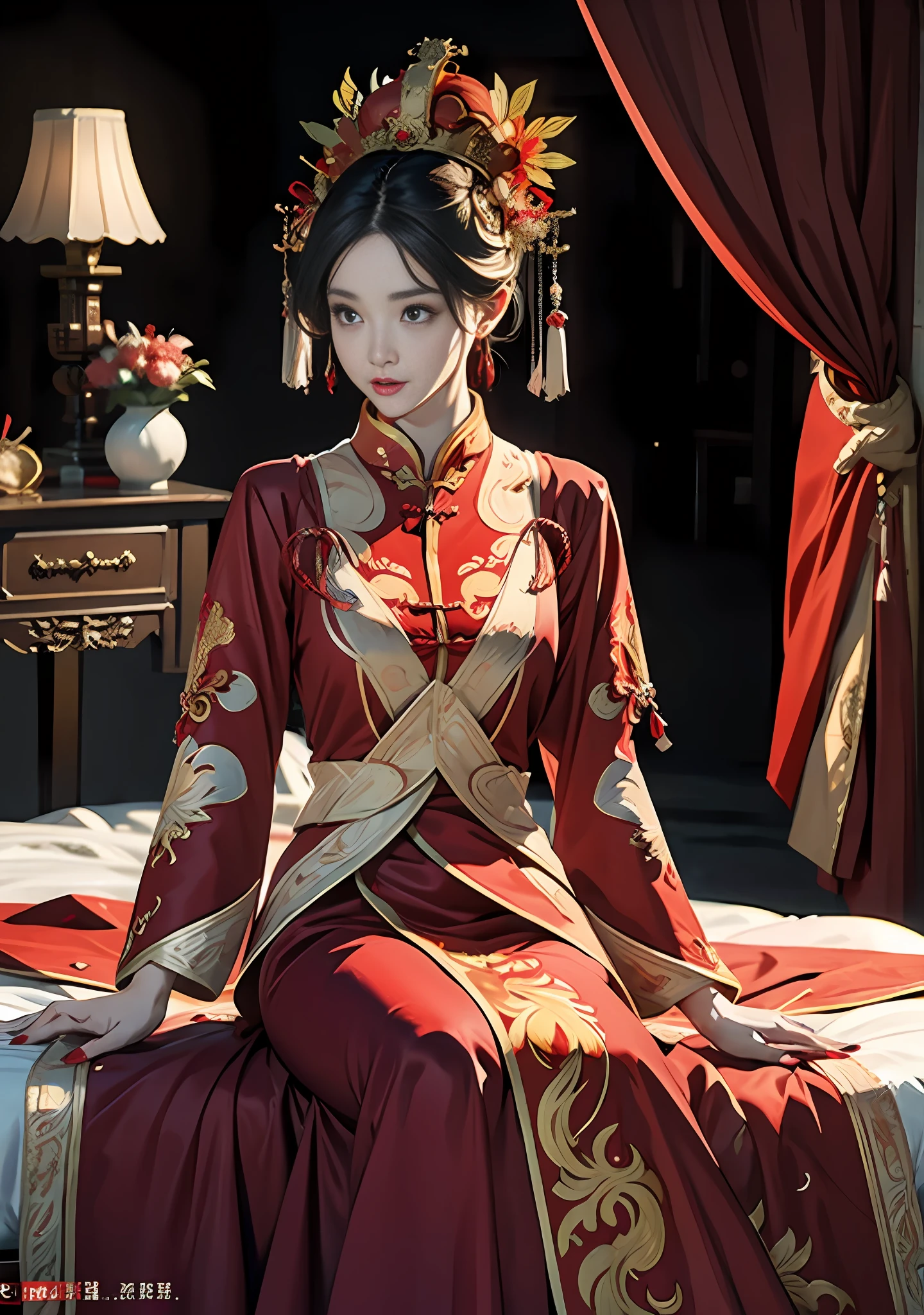 (Ultra-realistic 8k CG: 1.2), perfect artwork, delicate patterns, intricate details, (unparalleled masterpiece, best quality: 1.2), (extremely complex: 1.2), a woman in a red and gold dress, phoenix crown, hair stick, (sitting on a red bed), makeup, blush, shyness, black_hair, looking down, cosmetics, (forehead point), (2 red candles), Chinese_clothes, curtains, earrings, hair_ornament,hanfu, interior, jewelry, red nails, long_sleeves, red dress, red lips, tassels, (red quilt), (red palace: 1.2), (ancient Chinese architecture), (red: 1.8), night