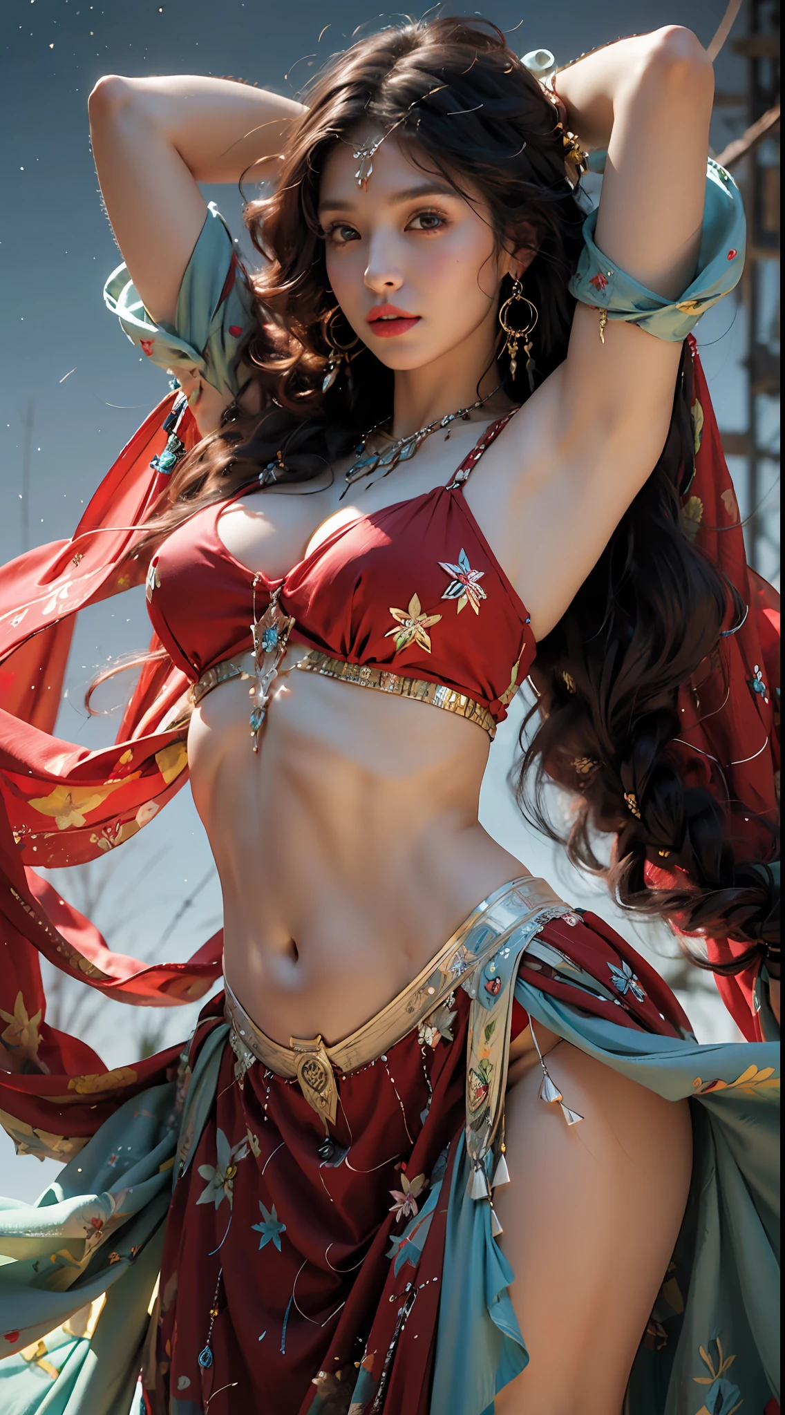 (extremely detailed CG unity 8k wallpaper,masterpiece, best quality, ultra-detailed, beautiful detailed eyes:1.2),best illumination, (best shadow, an extremely delicate and beautiful, bloom),exotic_dance,.1girl,solo,(brown eyes,big eyes),(red jewel), long skirt,collarbone,((gigantic hanging breasts:1.2)),navel, long hair, earrings, necklace, black hair, breasts, midriff, armpits, skirt, sky, arms up, red skirt, hair ornament, (dancer,dance posture), breasts, beads, circlet, blue sky,veil,.Beautiful facial features,Wings,starry sky,full body,Complex decoration,Black Armor,Best quality,masterpiece,upper body shot,close face,looking at the audience,Anime face,2.5D,8k. Strong lighting,light and shadow texture,texture details.
