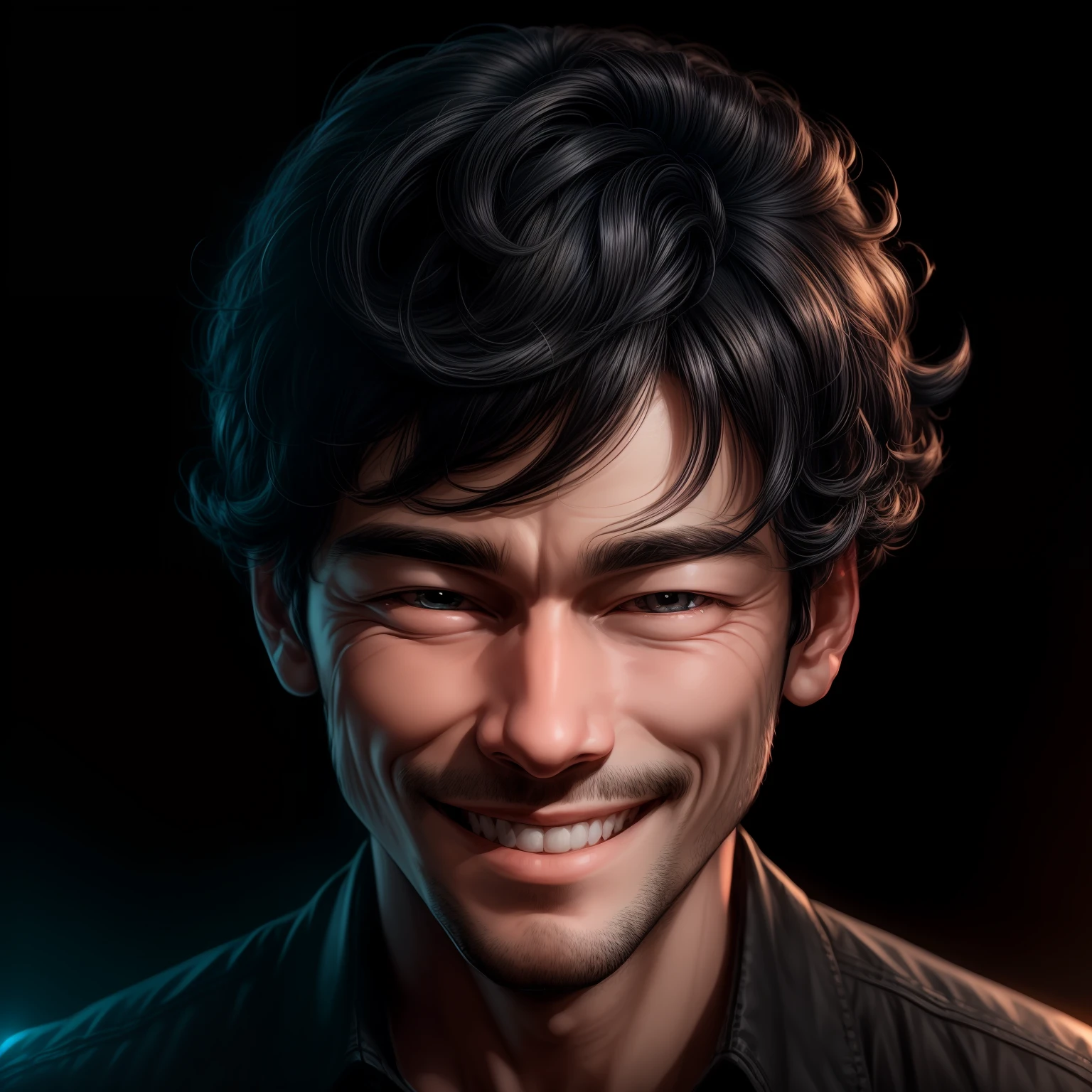 Intelligent man, black hair, hair bobbles, wince, solid circle eyes, light smile, ear blush, smiley, Surrealism, drop shadow, anaglyph, stereogram, tachi-e, pov, atmospheric perspective, 8k, super detail, ccurate, best quality --auto