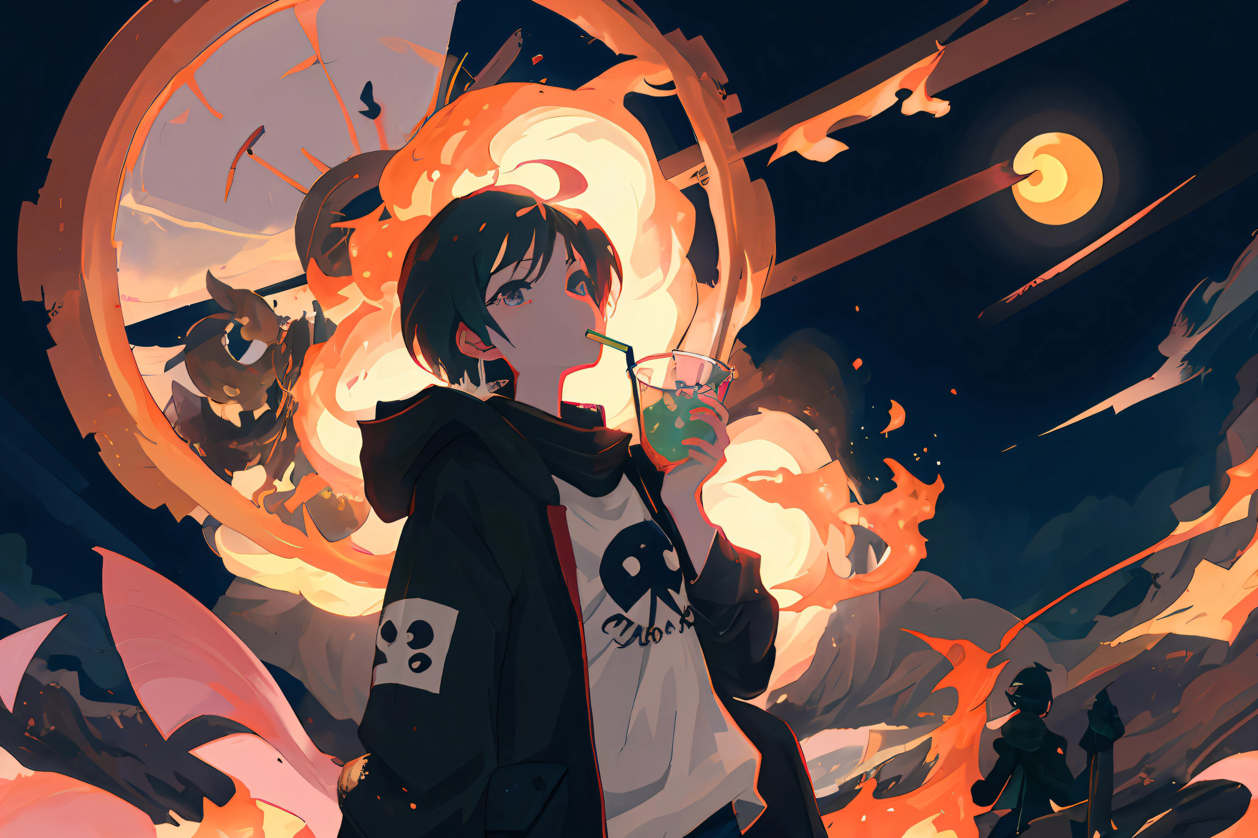🌌 In the cosmic setting, a 2D anime character holding a drink and a doughnut, Loepfe Art Style, Yoko Taro Doujin Art, High Quality Anime Style, Official Doujin Art, Anime Aesthetics, . ✨🕌🌙 ❤🔥🍄🌪