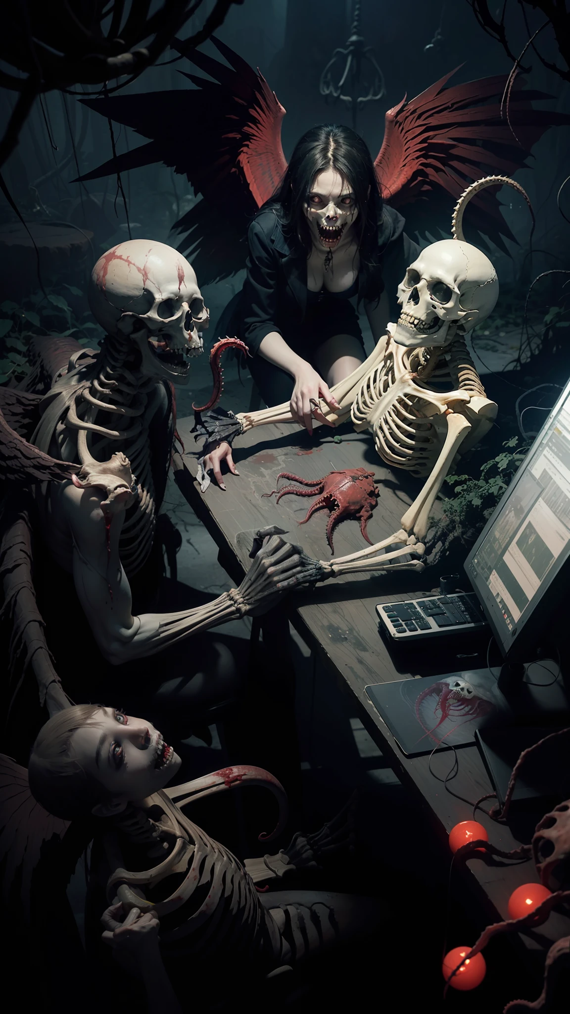 Fine matte painting, skeleton dark angel big wings haunted castle on drawing table full of knives, horror, spookiness, scary, secret horror, tentacles, vines, eyes, uncanny valley effect teeth, limbs, animals, blood moon